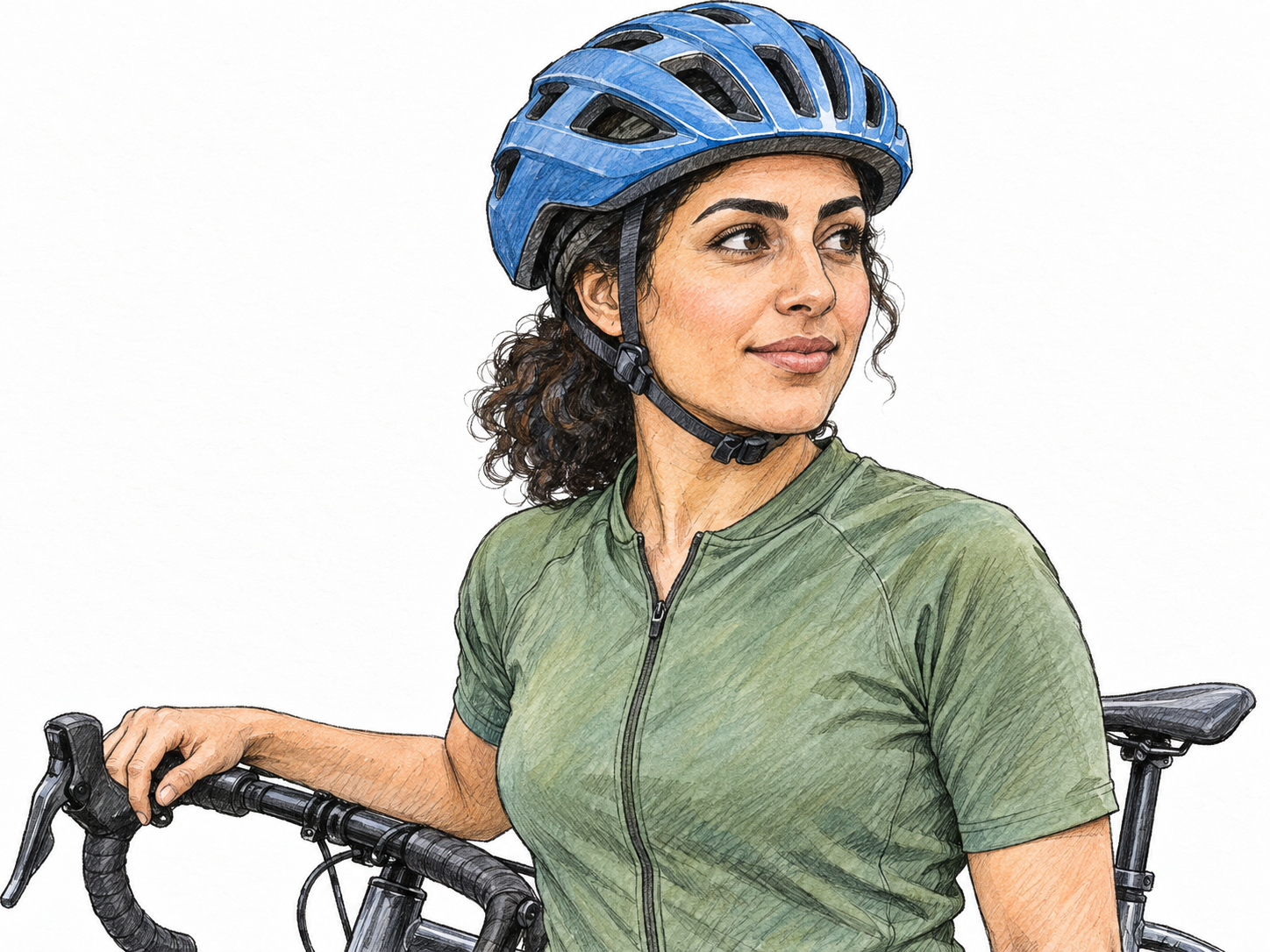 A young adult cyclist wearing a securely fastened bicycle helmet, shown beside her bicycle with the helmet prominent and its protective shell, padded rim, and chin strap clearly visible.