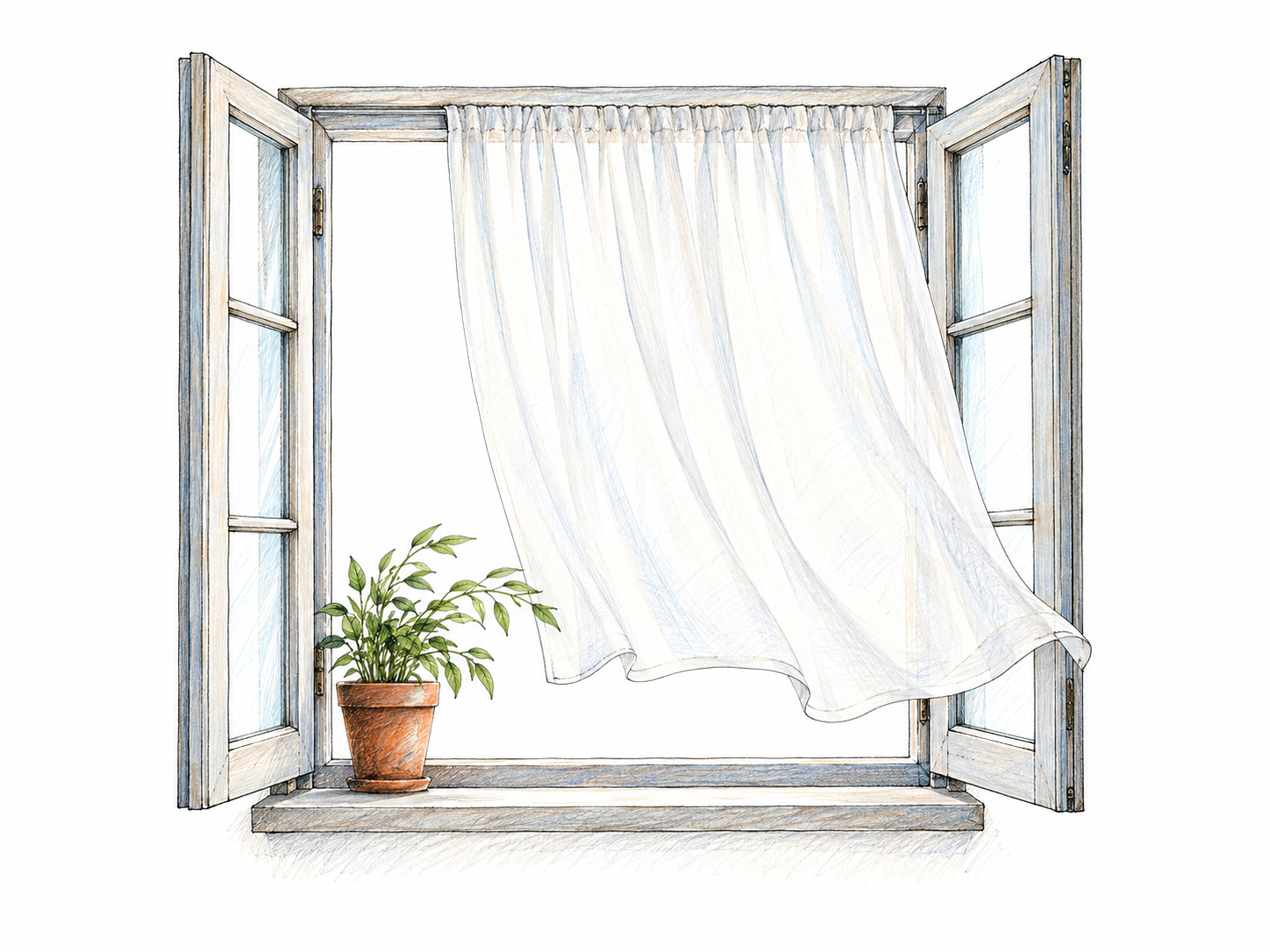 A light sheer curtain billows gently through an open window, while nearby slender plant leaves lean slightly in the same direction.