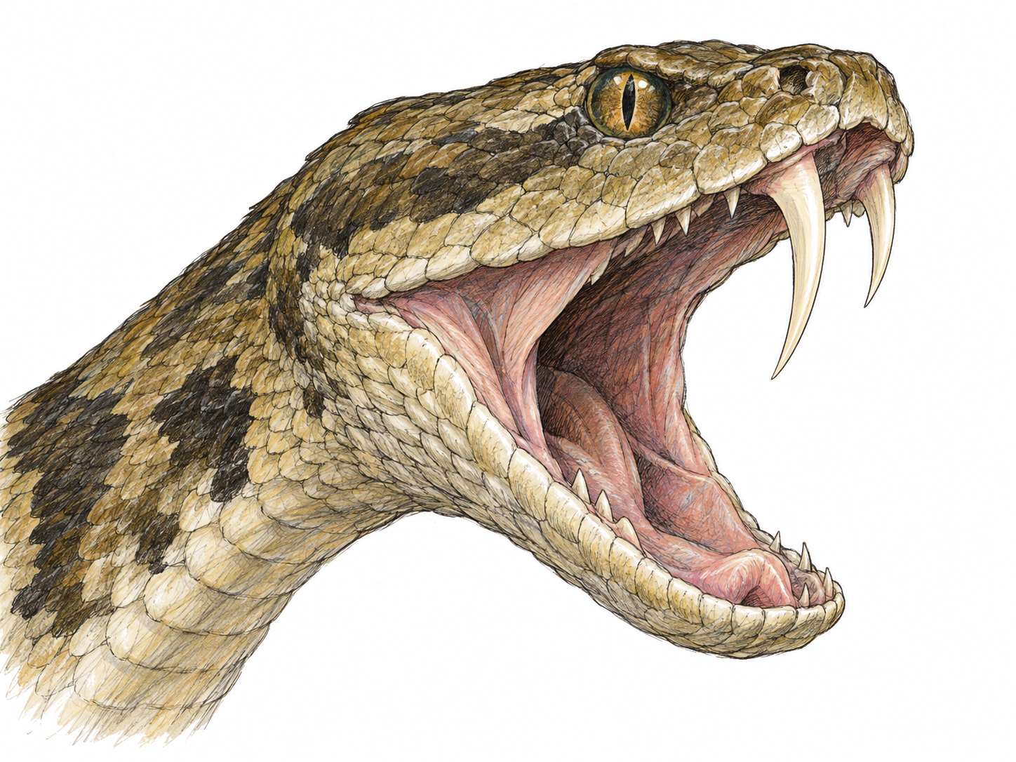 Close-up of a viper's open mouth, with its long, curved upper fangs prominently exposed against the smaller teeth.