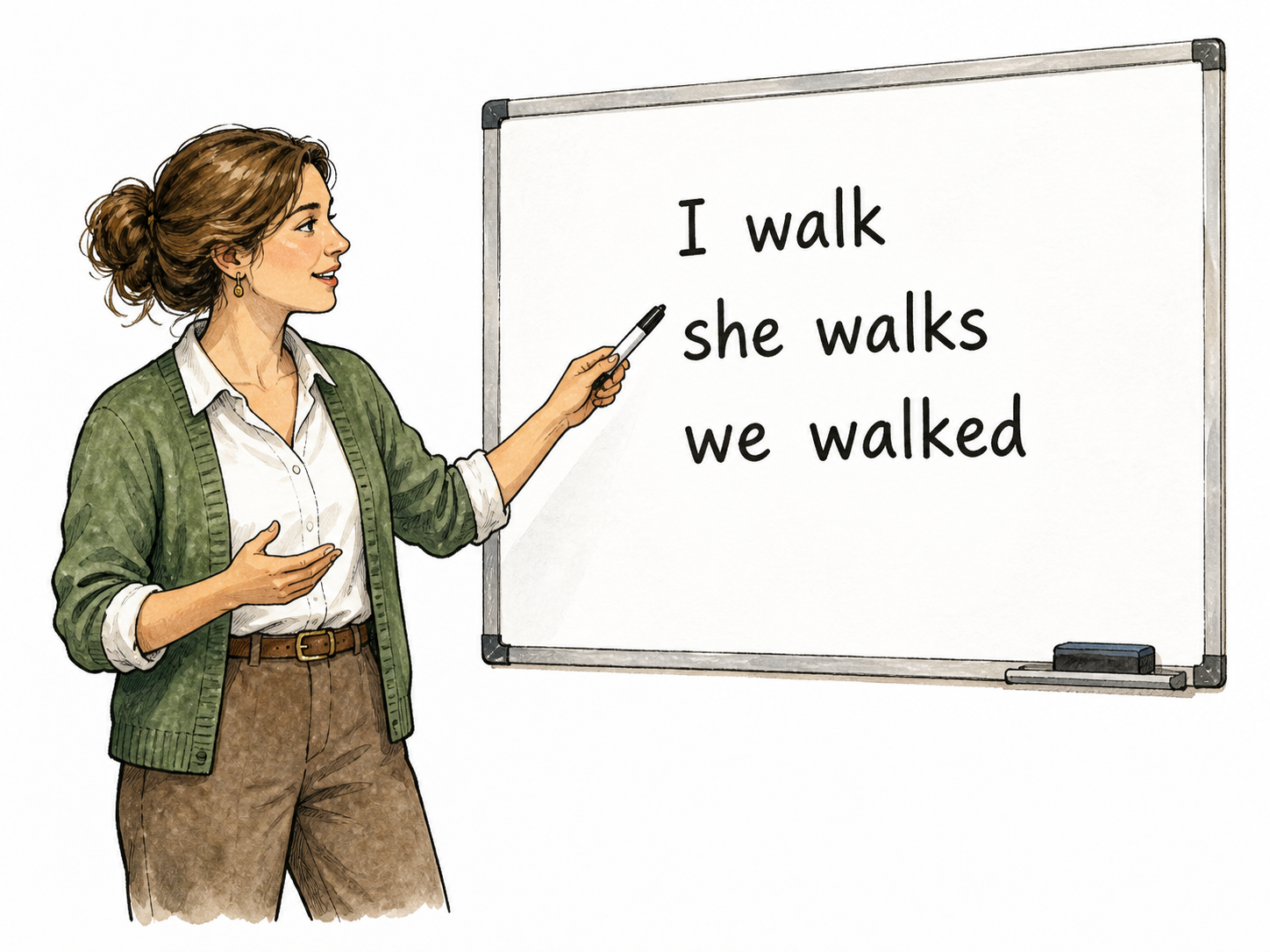 A teacher writes exactly I walk, she walks, we walked in three neat lines on a board, verb forms clear.