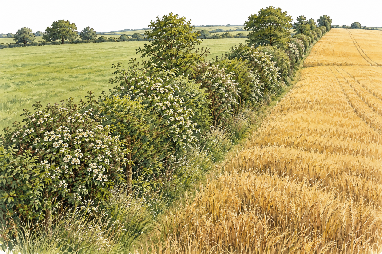 A long mixed line of shrubs and small trees divides two farm fields.
