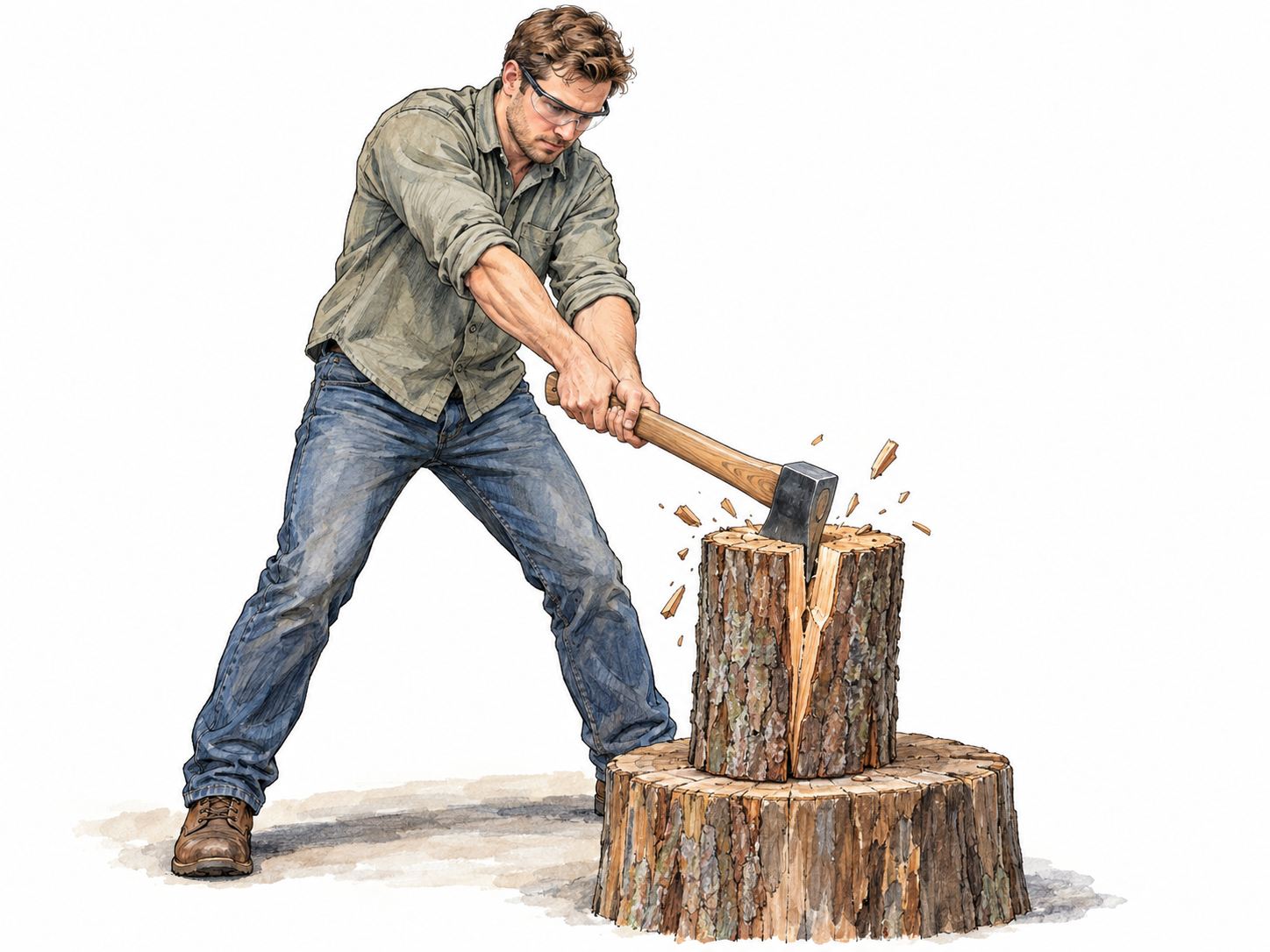 A man chops a thick log on a stable chopping block, captured as the axe bites into the wood and opens a fresh split, with a few chips flying from the impact.