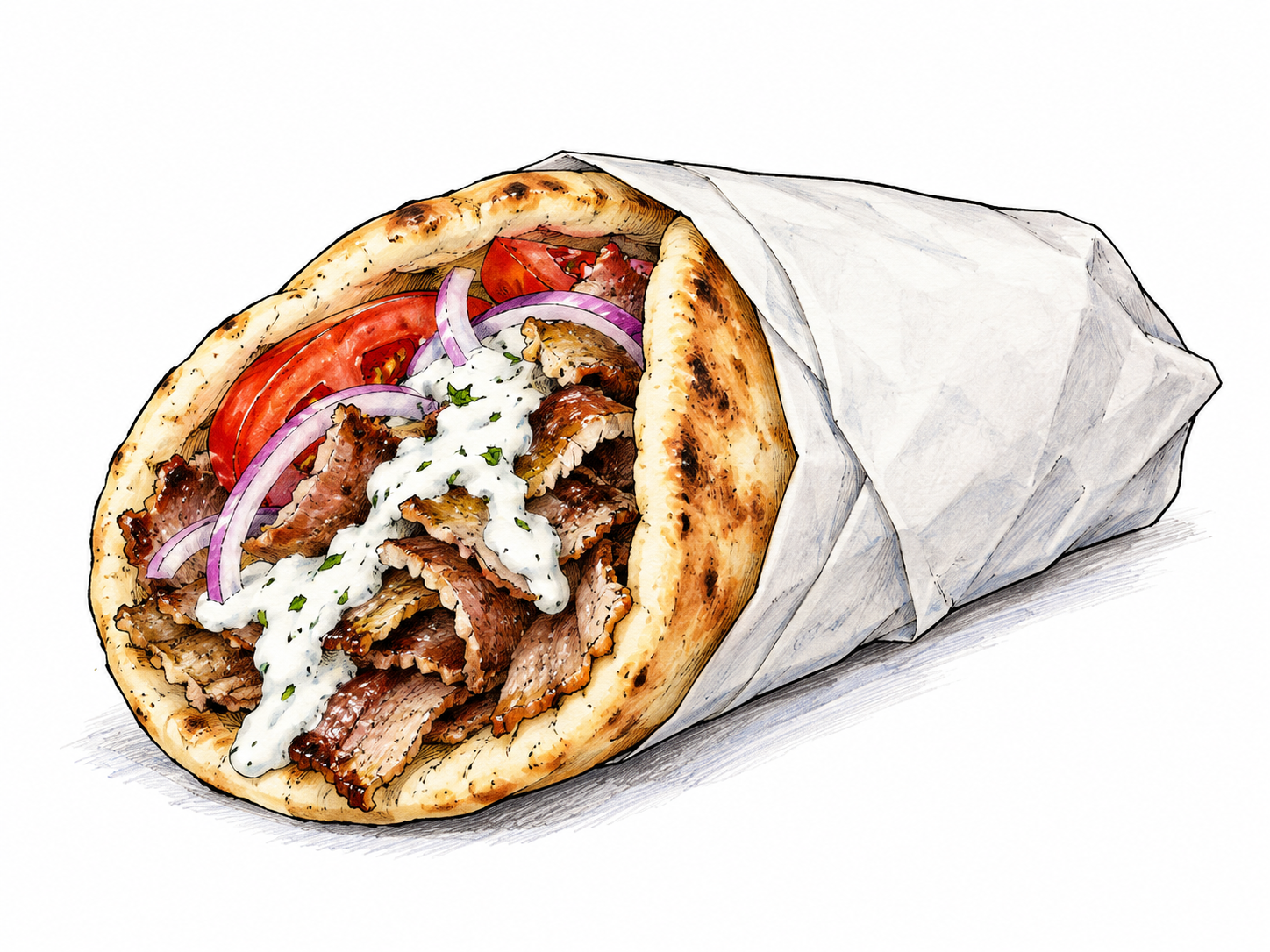 A Greek-style gyro sandwich in folded pita with sliced roasted meat, tomato, onion and white yogurt sauce, appetizing but clearly drawn, paper wrapper entirely blank.