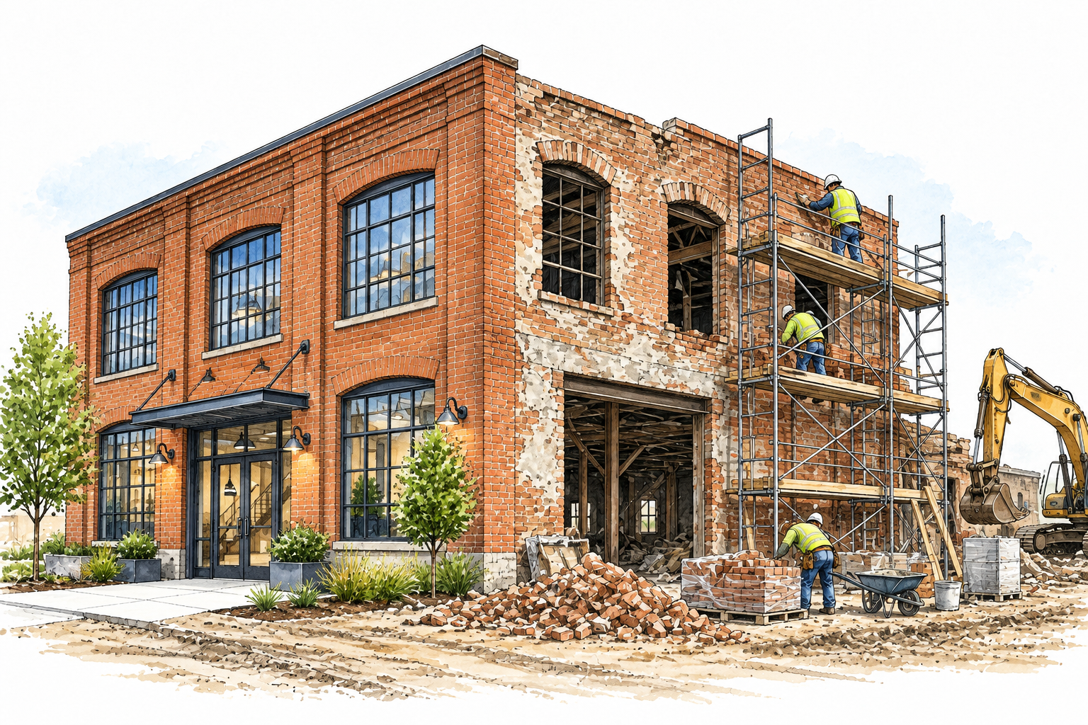 Construction crew transforms derelict brick warehouse into repaired usable building, one half restored and one under active work, no signs.