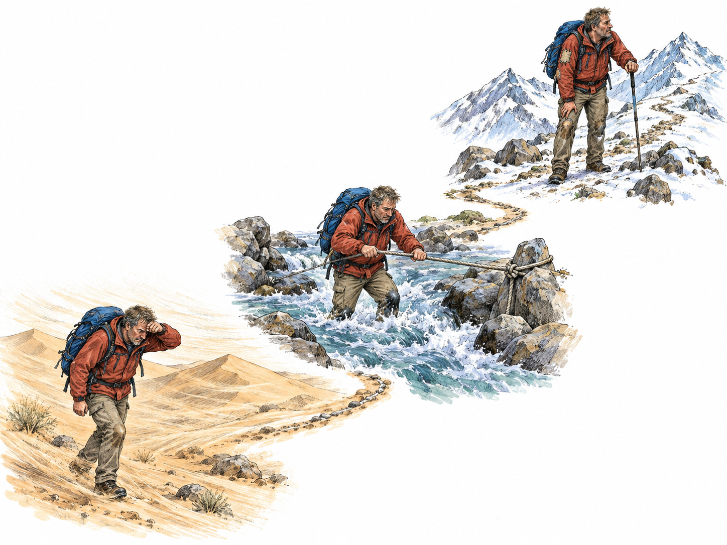 A continuous, text-free journey montage follows the same traveler through three distinct ordeals: crossing a desert, hauling himself across a swollen stream, and finally reaching a snowy mountain pass.