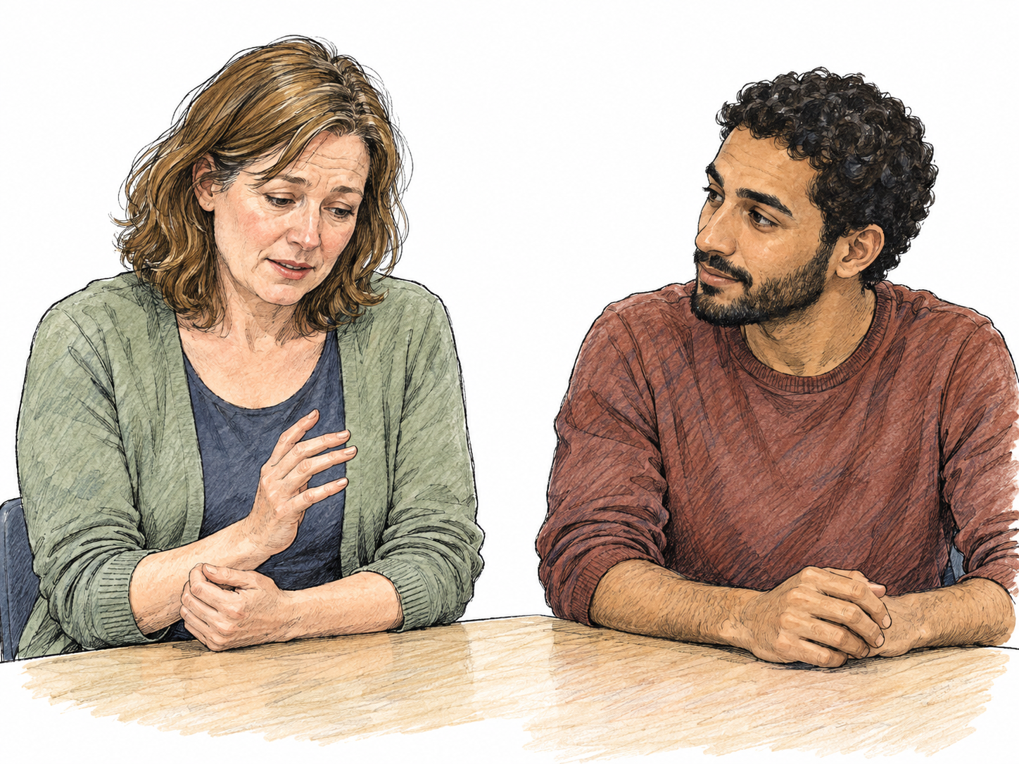 At a small group discussion, a woman tentatively raises one hand only slightly, shoulders drawn inward and eyes lowered, while saying, “I might be wrong, but…” A nearby participant watches patiently.