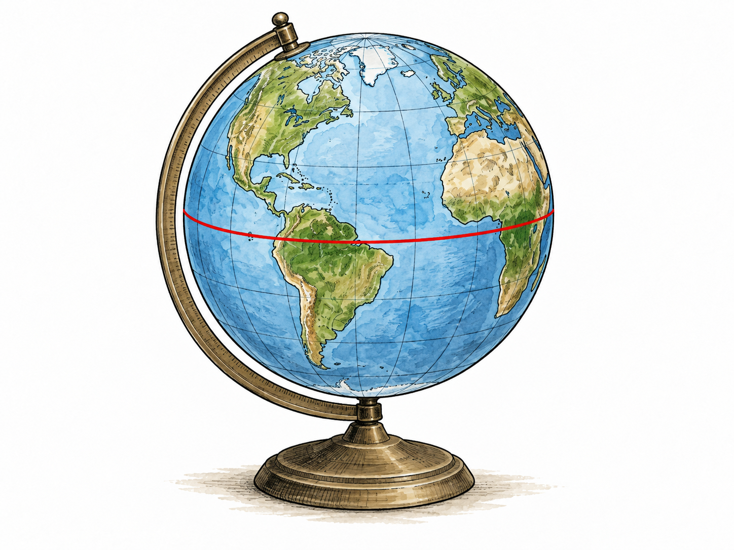 An unlabeled globe with a clear red equator line halfway between its poles.
