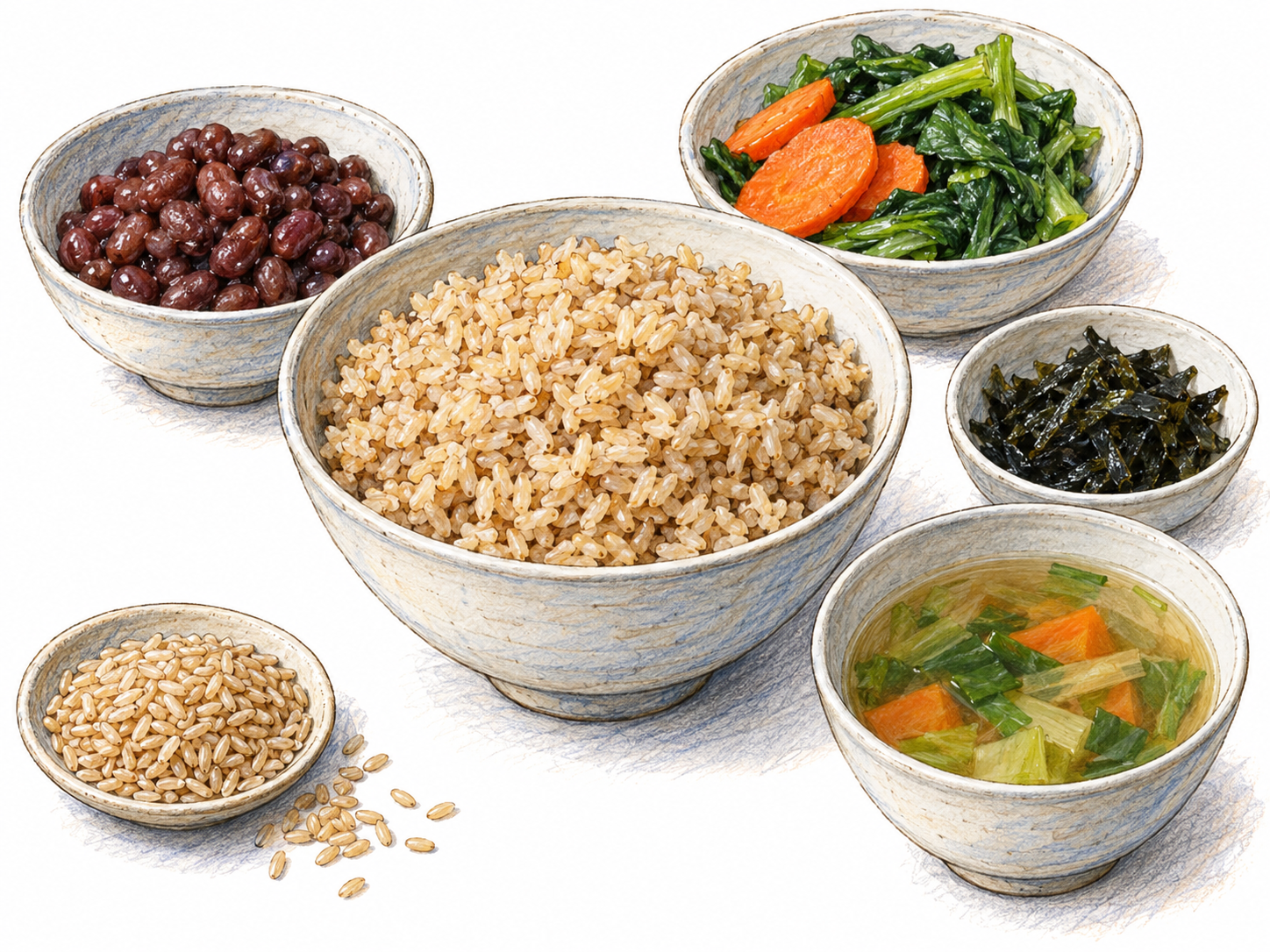 An inviting grain-centered meal: a large bowl of visibly unpolished brown rice accompanied by smaller portions of beans, seasonal vegetables, seaweed, and simple broth.