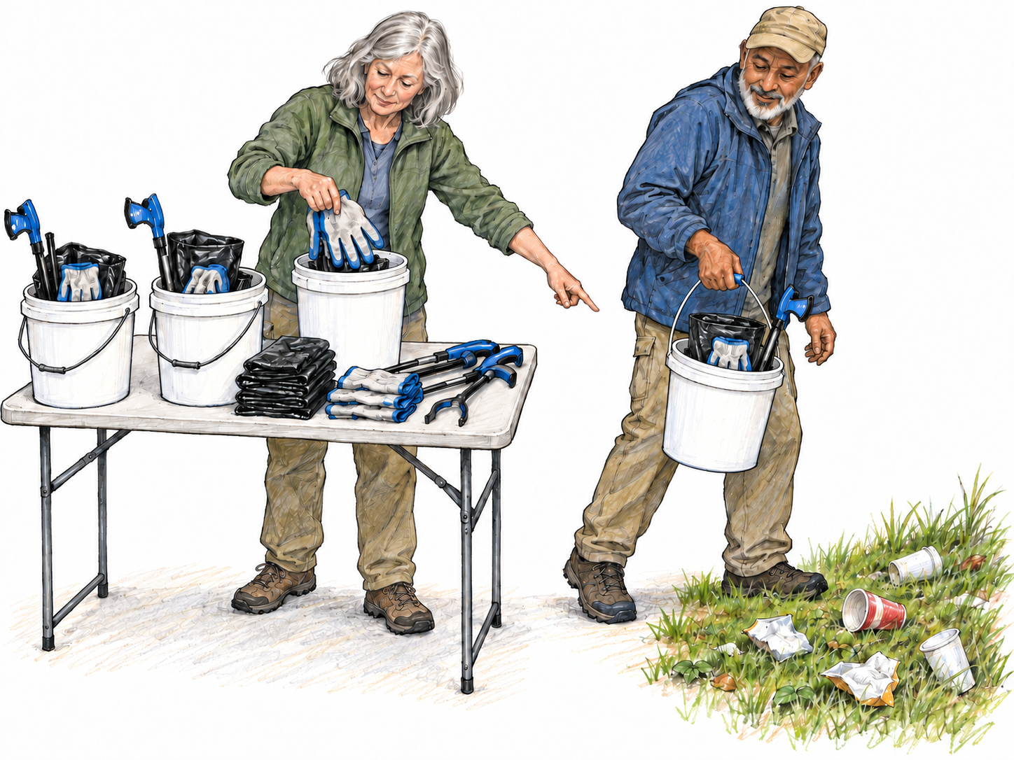 A cleanup coordinator gathers equipment into orderly task kits and directs a volunteer to take one toward a visibly littered park patch, making both arrangement and purpose concrete.