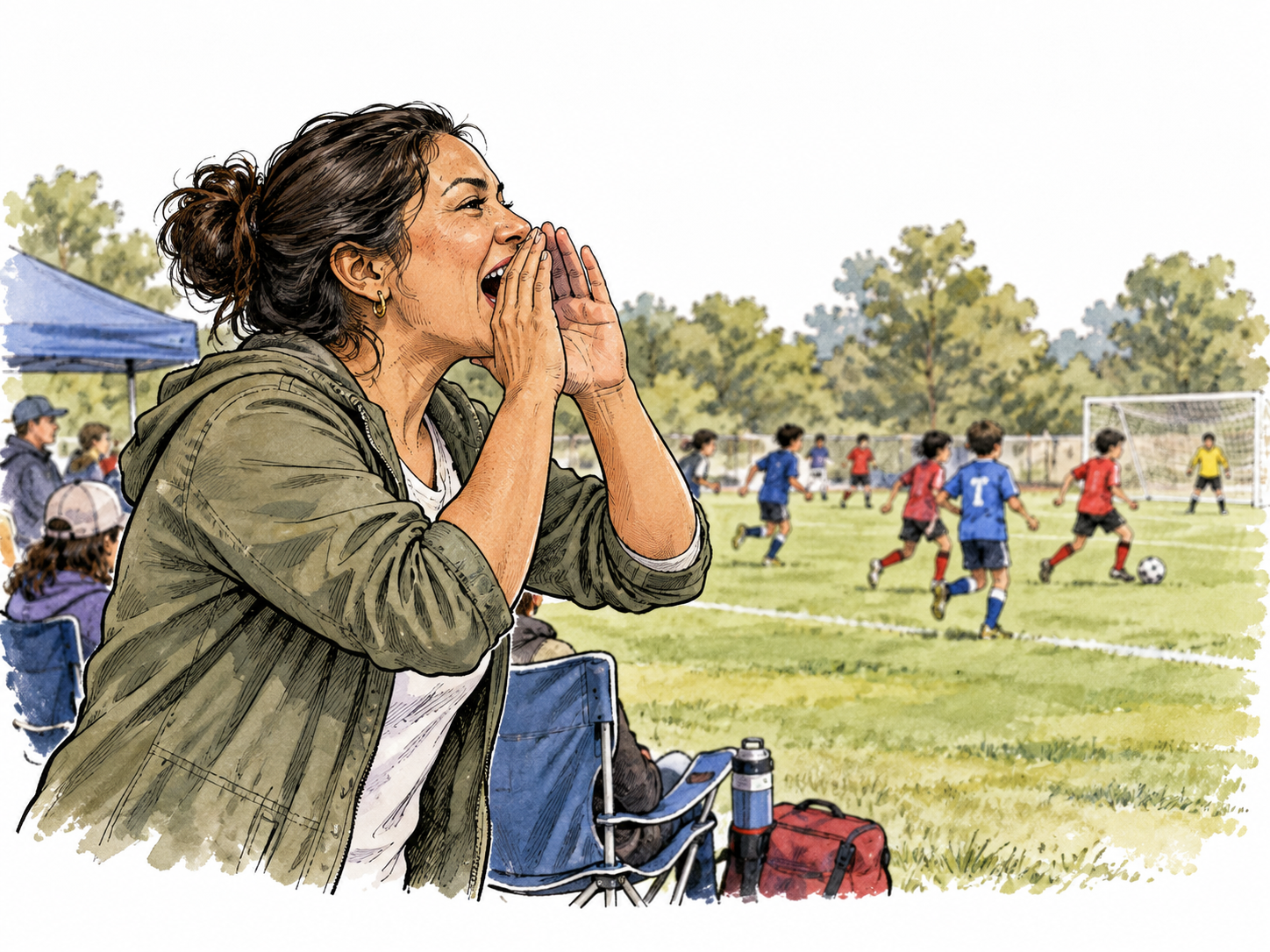 Latina adult cups hands and shouts across noisy playing field.