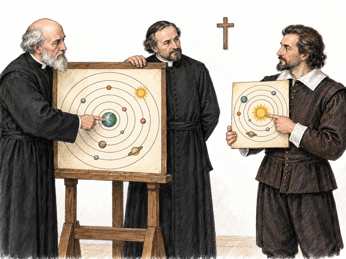 An anonymous early-modern scholar presents a Sun-centered cosmos against an ecclesiastical school's institutionally endorsed Earth-centered cosmos, making a differing belief visible within a doctrinal setting.