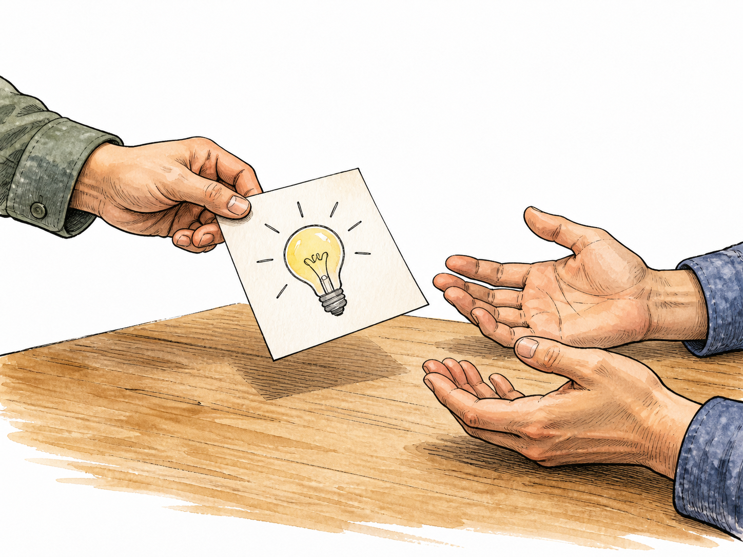 A small practical sketch on a note is offered across a table for another person's consideration, open receptive hands.