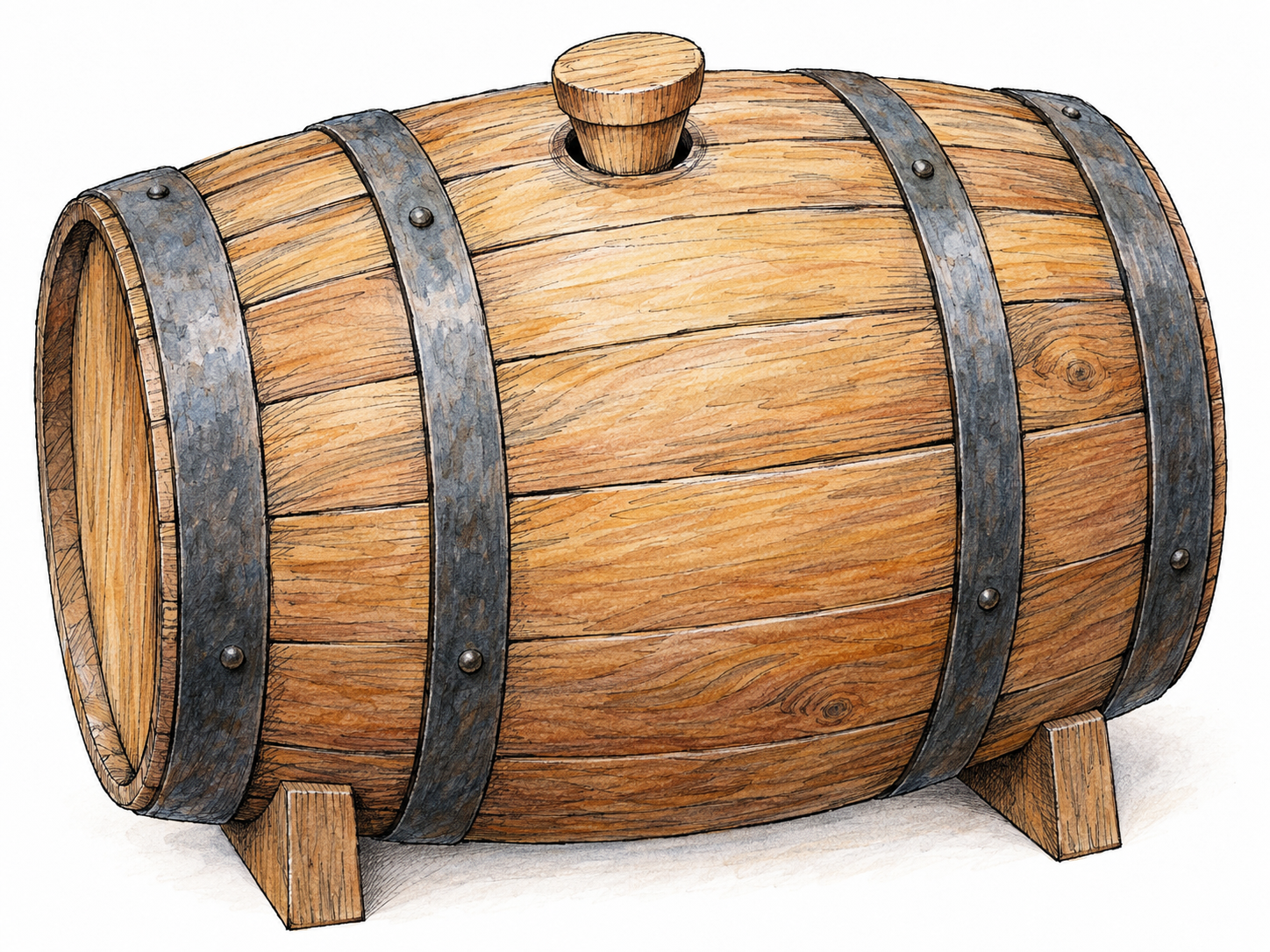 Close-up of a wooden barrel lying on its side, with a tapered wooden bung partly seated in its round side hole.