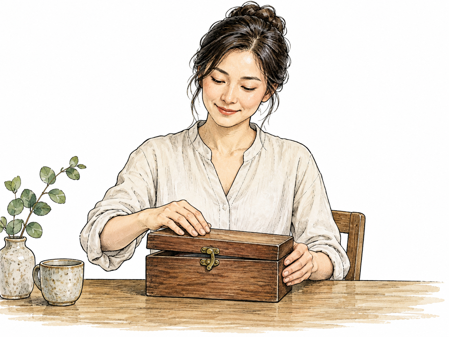 Adult calmly closes a keepsake box after a difficult period, relaxed shoulders and peaceful resolved expression, meaningful closure without grief spectacle.