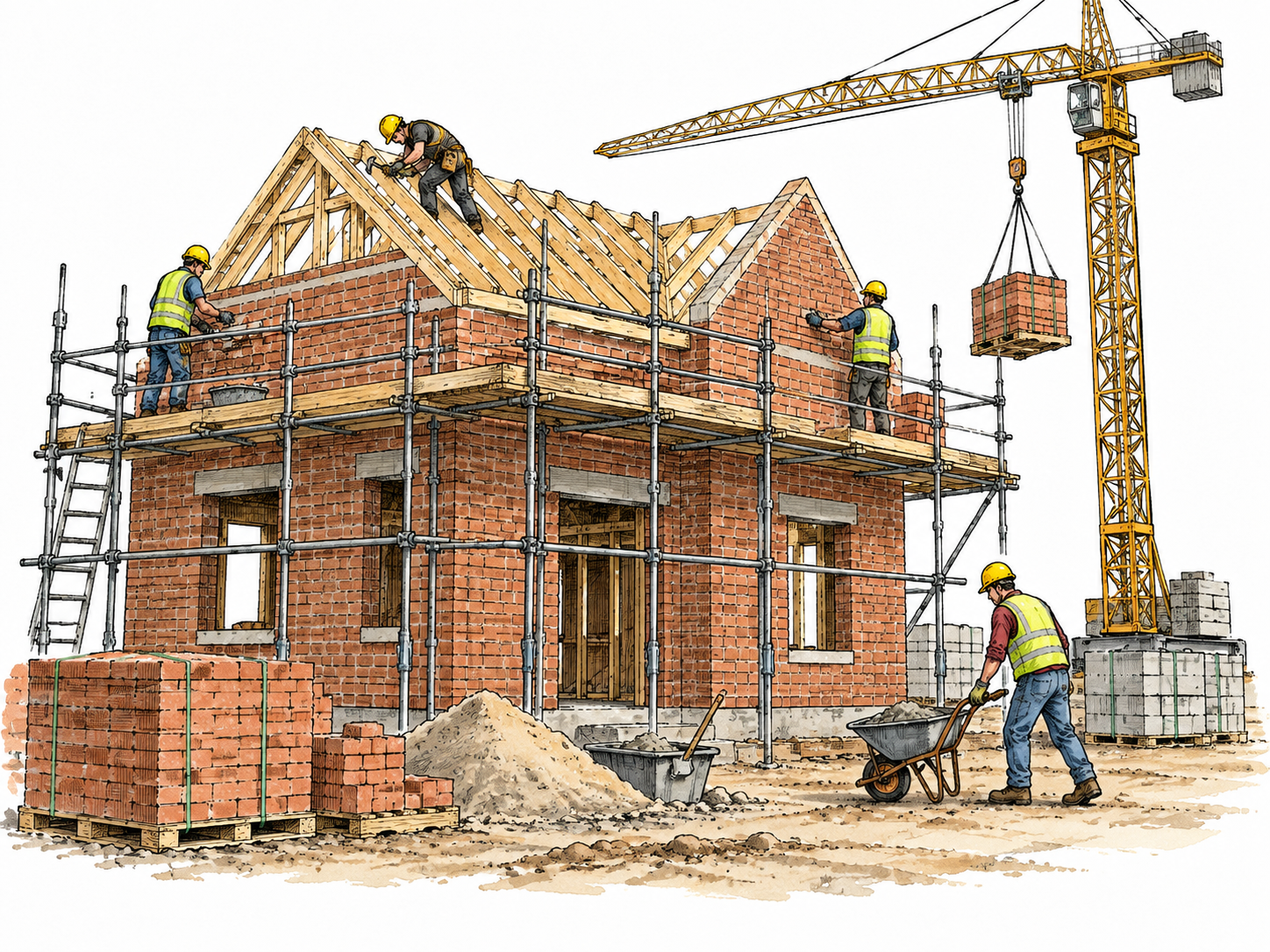 Construction crew building a brick house with scaffold and crane.