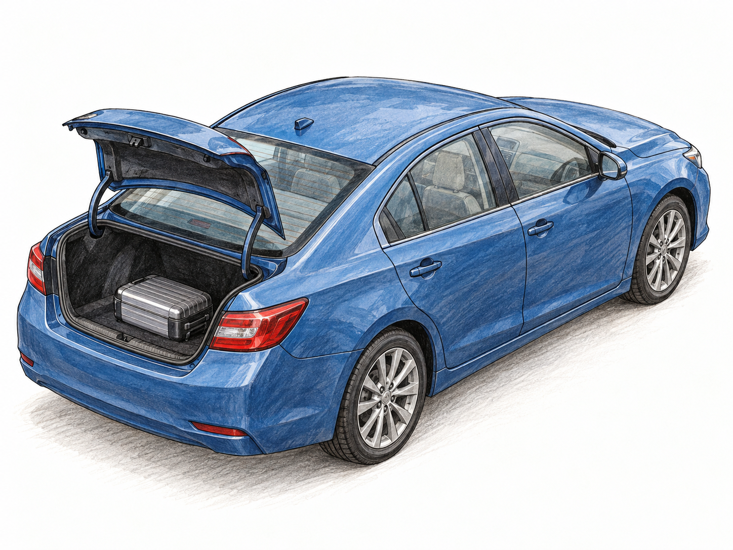 A single modern four-door sedan in an elevated rear three-quarter view, with its trunk lid raised to reveal a cargo compartment separated from the passenger cabin.