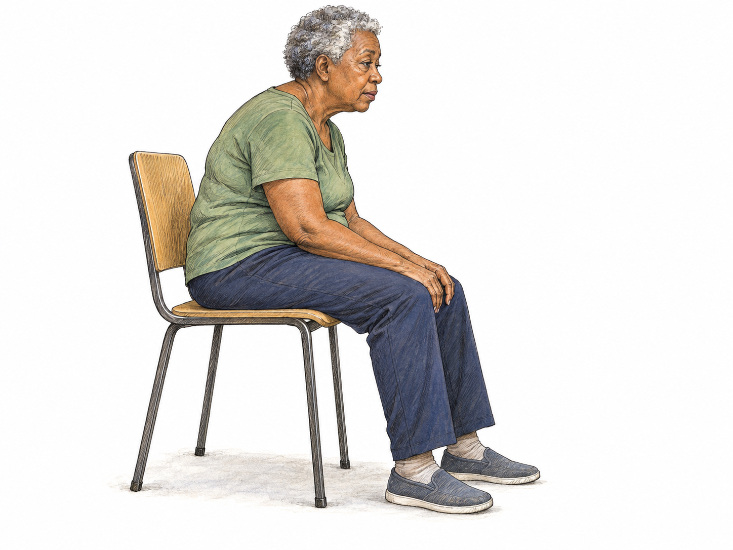 An older woman sits sideways on a simple chair with her pelvis slid forward, upper back rounded, shoulders drooping, and head hanging forward, making her slouch unmistakable.