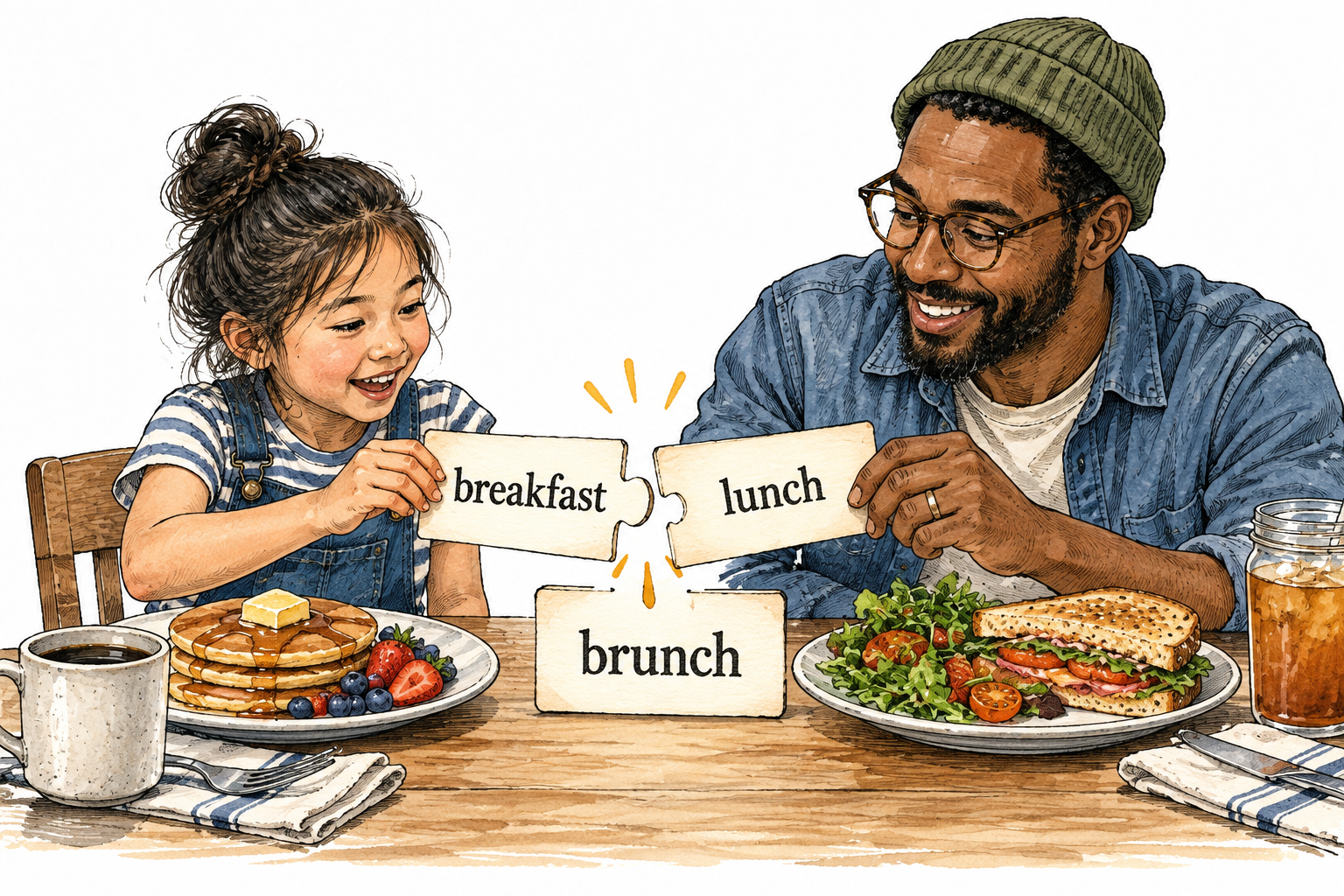 Word cards breakfast and lunch merge into brunch, exactly these words.