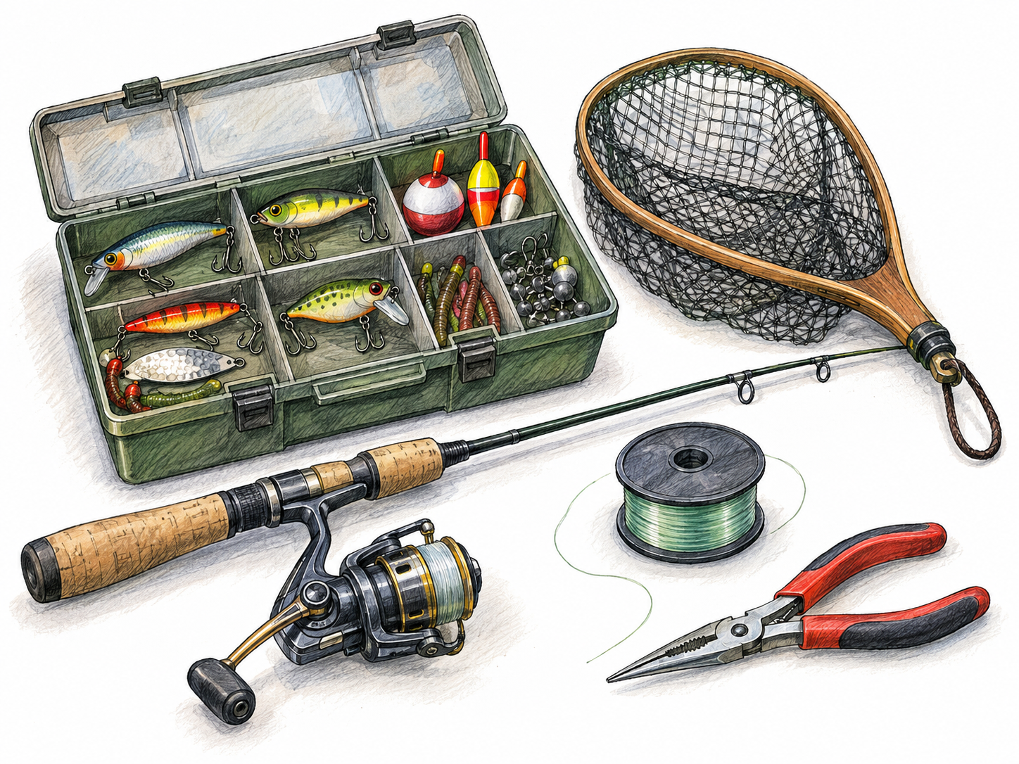 An open fishing tackle box surrounded by assorted fishing equipment, making a varied collection associated with one activity immediately recognizable.