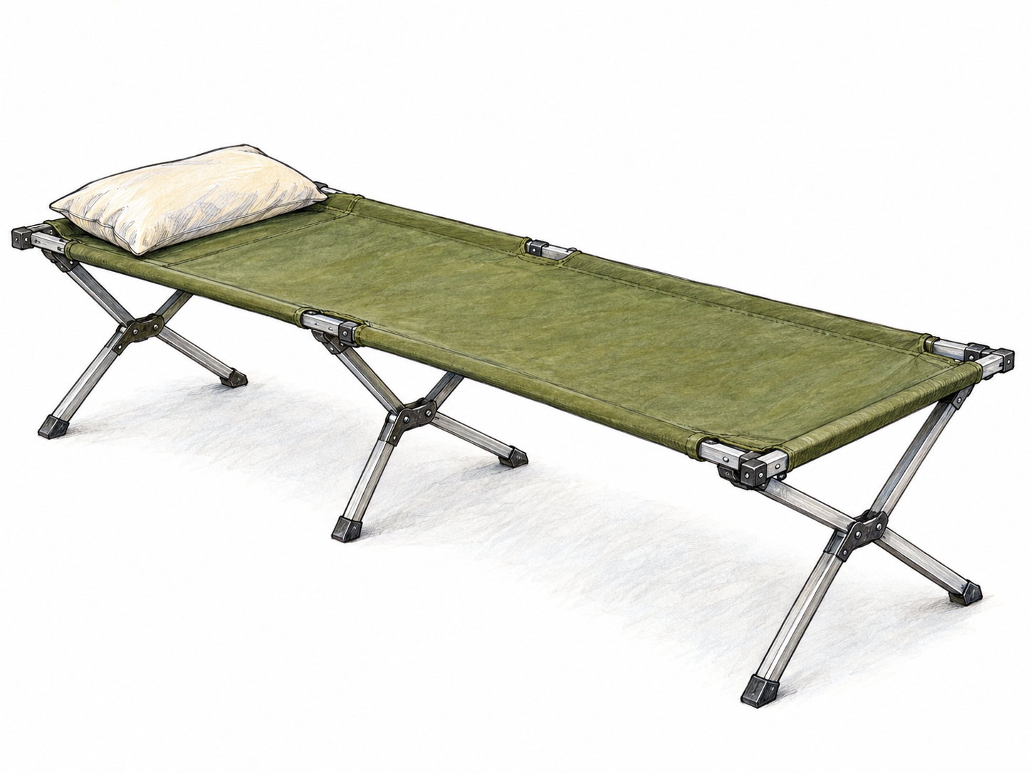 A single small folding camp bed, fully opened, with taut canvas, clearly visible hinged cross-braced legs, and a small pillow.