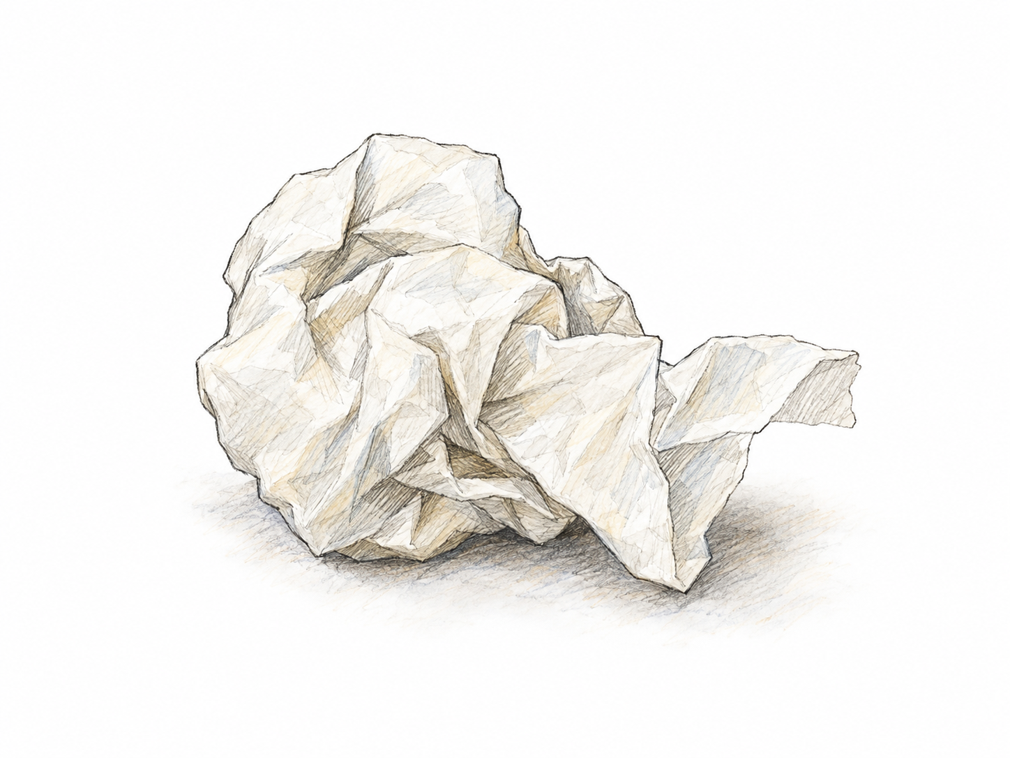 A small, tightly crumpled wad of plain soft tissue, with densely compressed folds and a short loose edge revealing its thin, pliable material.
