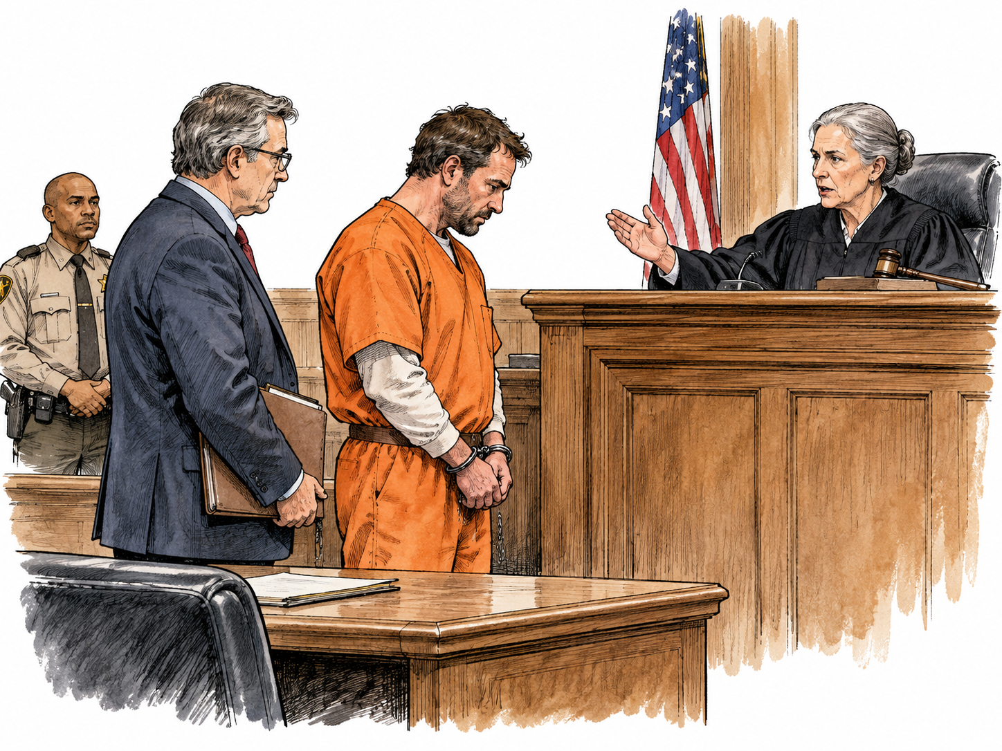 Convicted adult man in court stands beside lawyer as judge pronounces sentence.