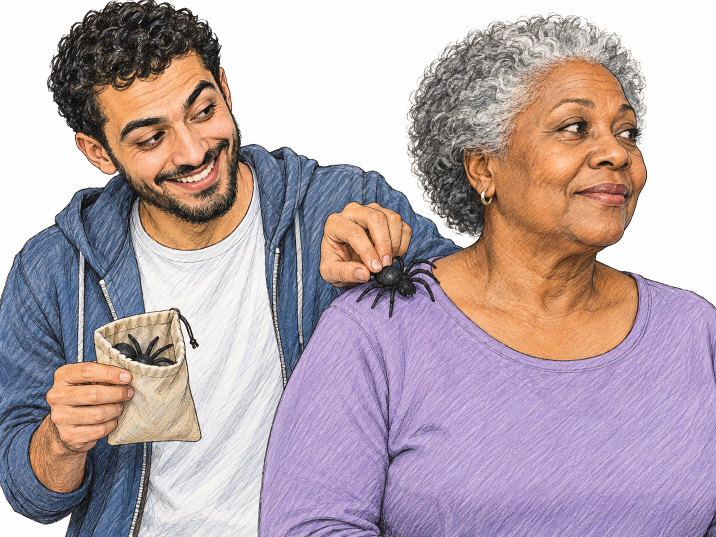 A cheeky young man secretly sticks a realistic rubber spider onto an older woman's shoulder while she looks away, making his mischievous behavior plainly visible.