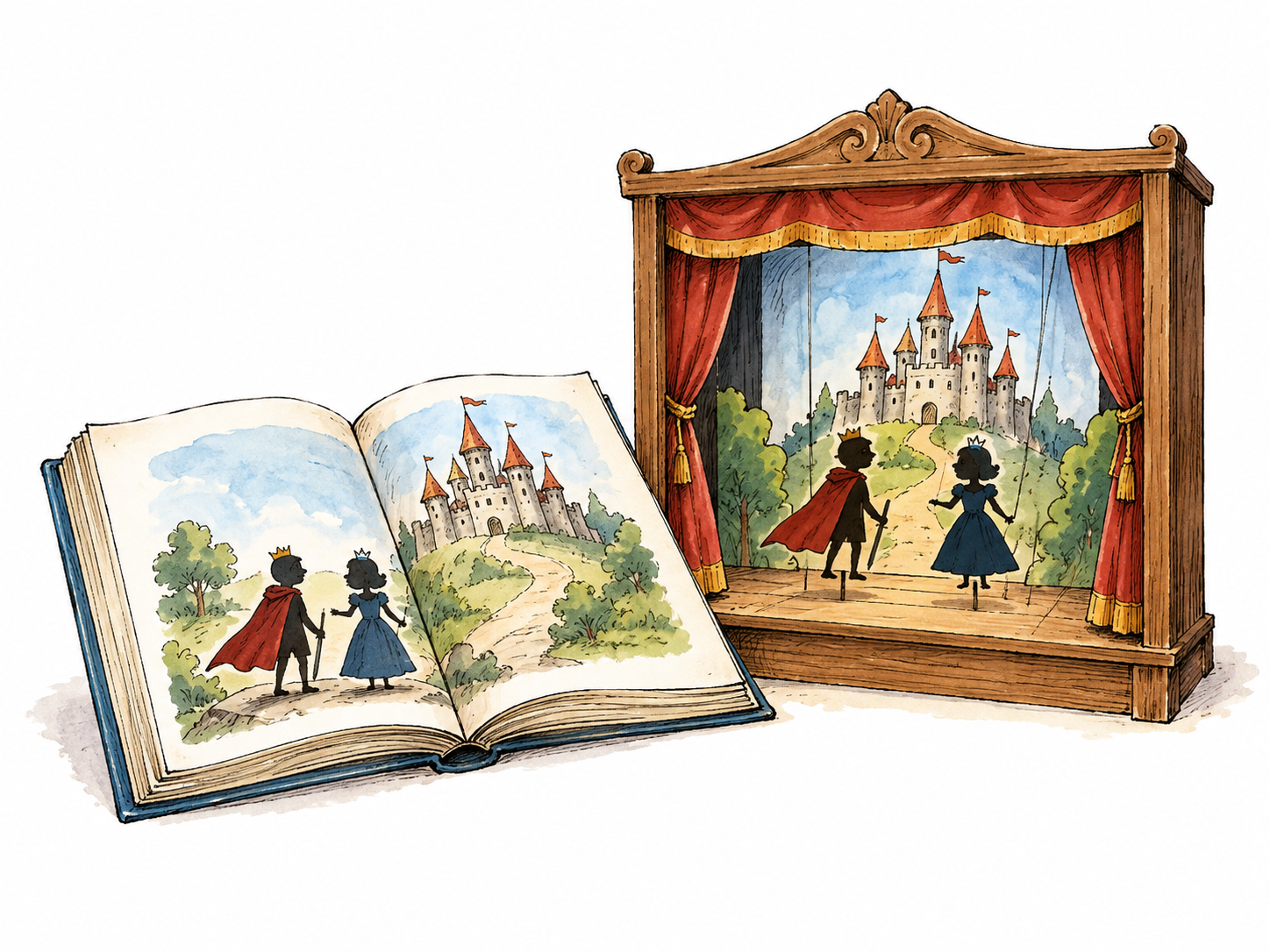 Open illustrated storybook beside tiny theater stage showing same castle scene and same two simple character silhouettes, change of medium clear; no words.