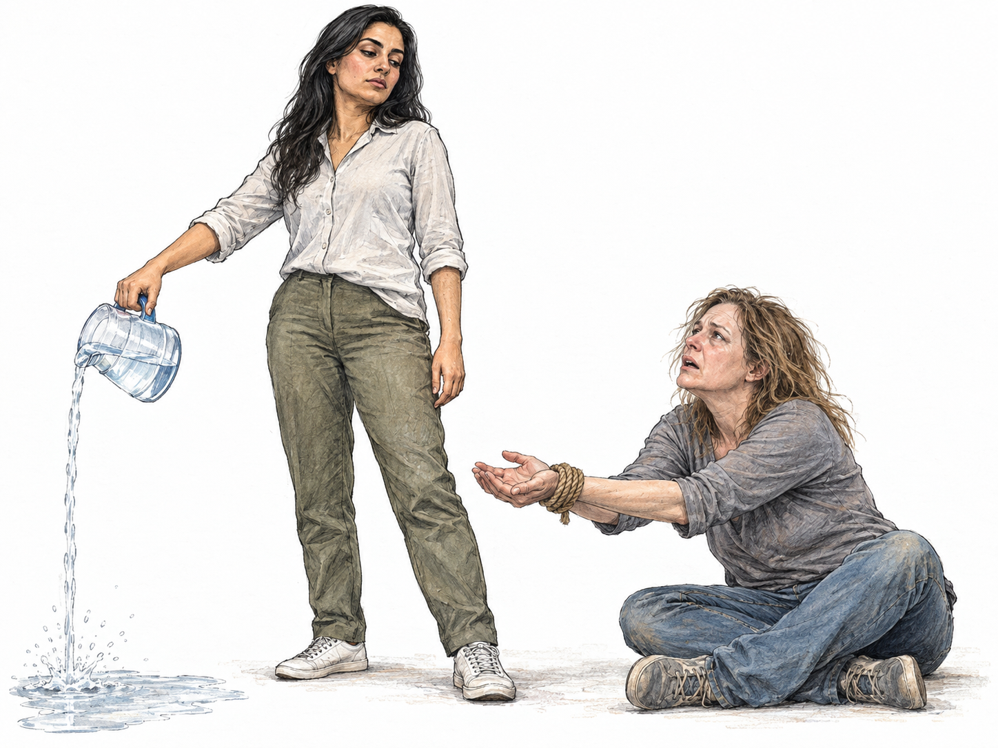 A captor deliberately pours drinking water onto the ground just beyond a visibly thirsty captive’s reach, making the denial of compassion concrete and unmistakable.