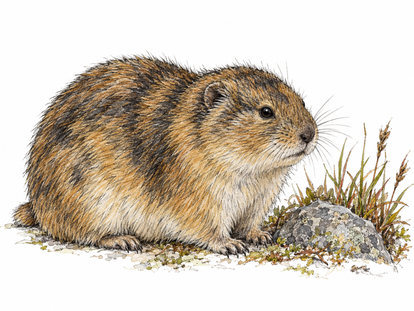 A small Arctic lemming crouches beside low tundra sedges and a stone, clearly showing its compact body, blunt muzzle, small rounded ears, short legs, and very short tail.
