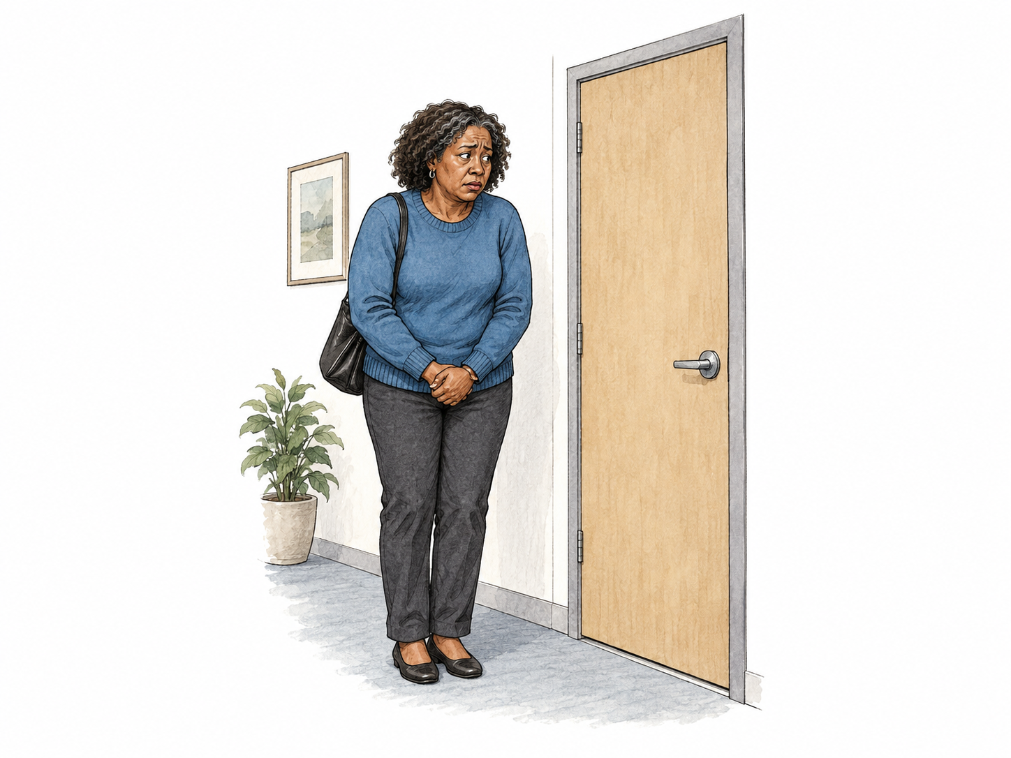 Woman waits by a blank closed office door, hunched shoulders, clasped hands and worried face.