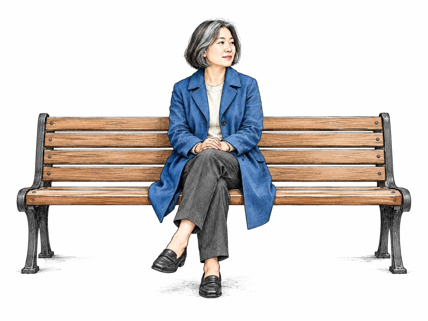 One person sits alone on long otherwise empty bench, no other people, isolated white ground and minimal shadow.