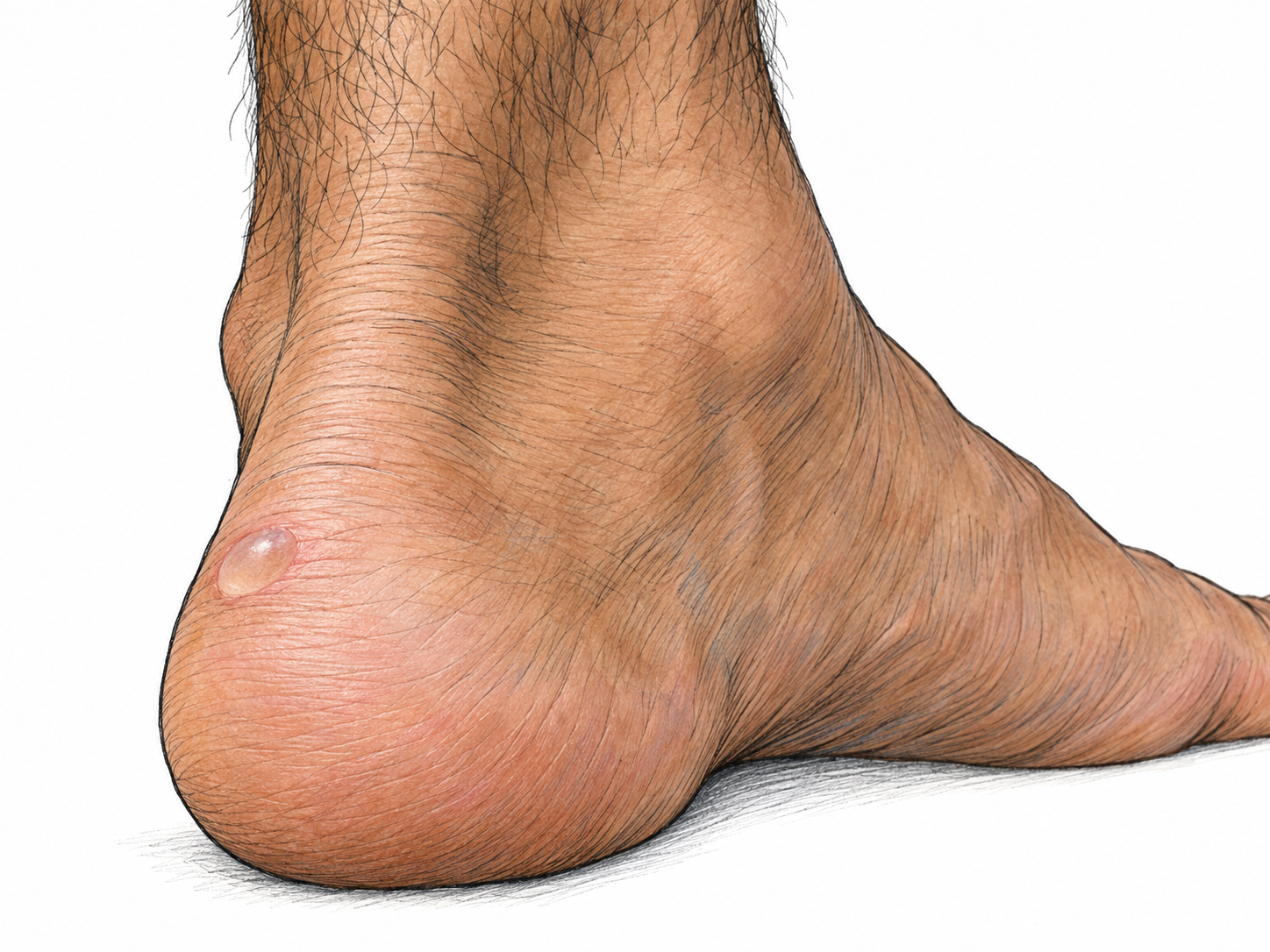A close-up of a bare heel with one small, intact, translucent fluid-filled blister at the shoe-rub point.
