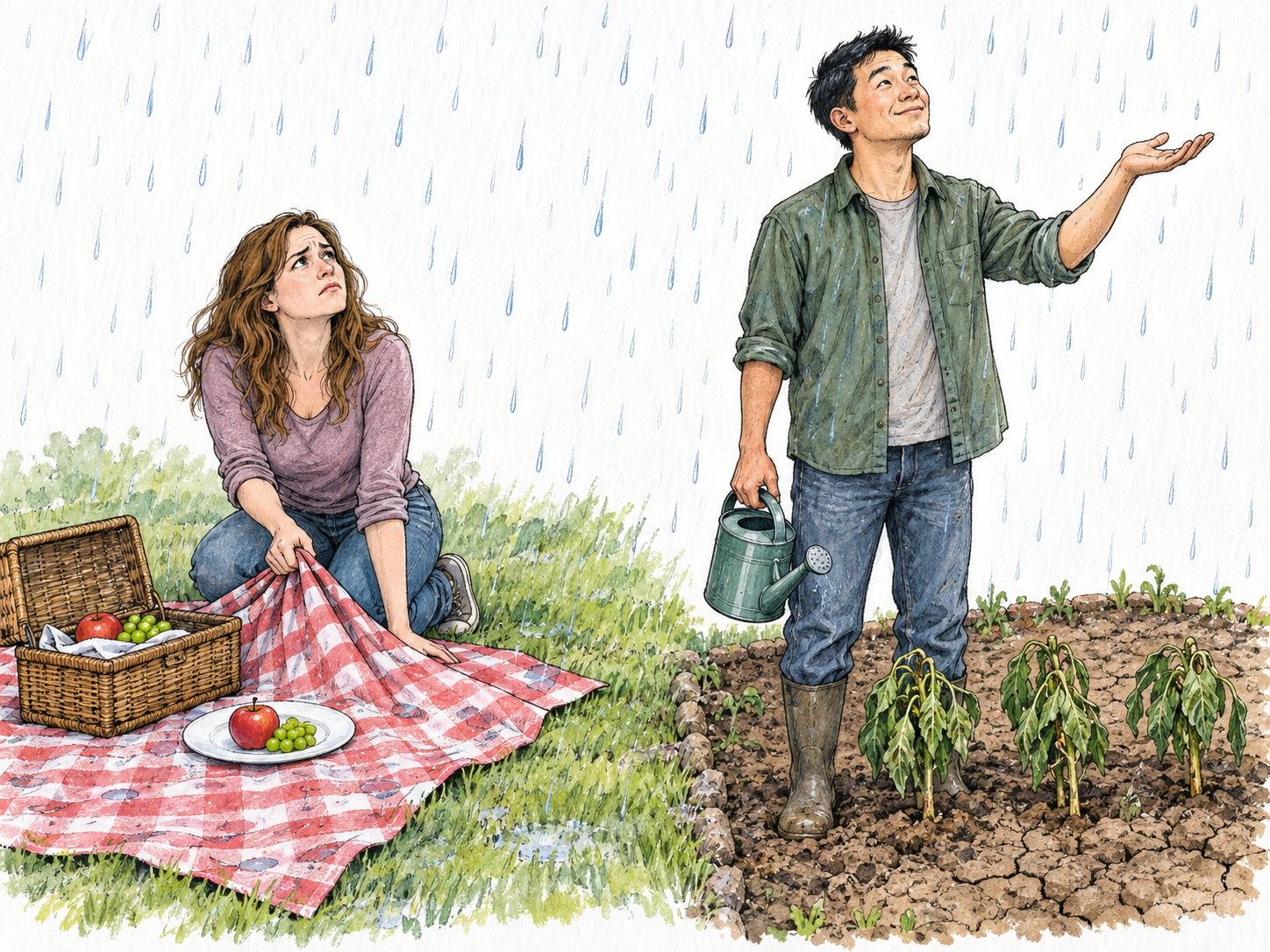 Two people regard the same rainfall from different practical perspectives: a disappointed picnicker sees a spoiled outing, while a pleased gardener welcomes water for dry plants.