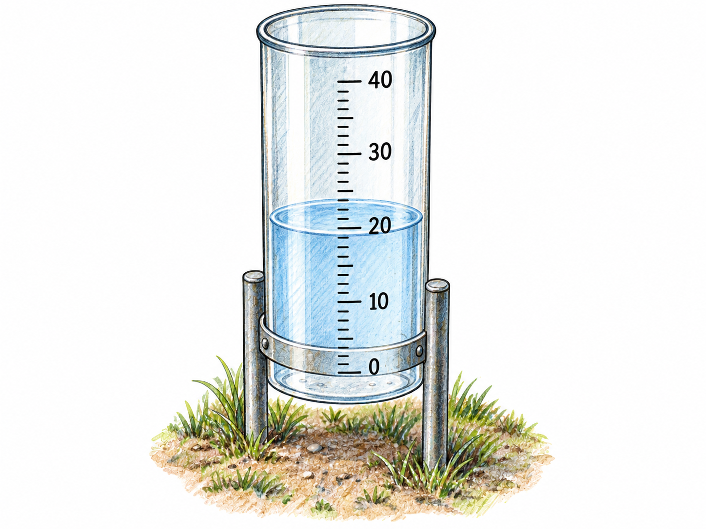 A rain gauge containing collected water, with a clearly readable graduated scale showing its level.