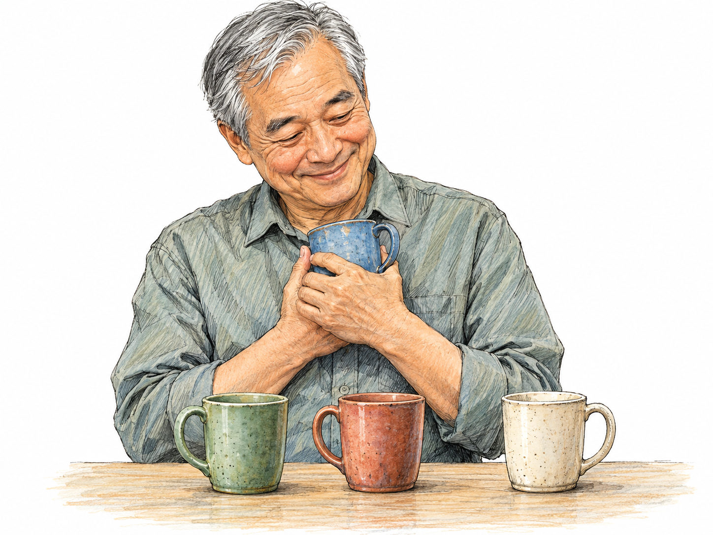 An older man affectionately cradles one well-worn mug against his chest while several equally usable mugs remain unchosen in front of him, making his special preference visible.