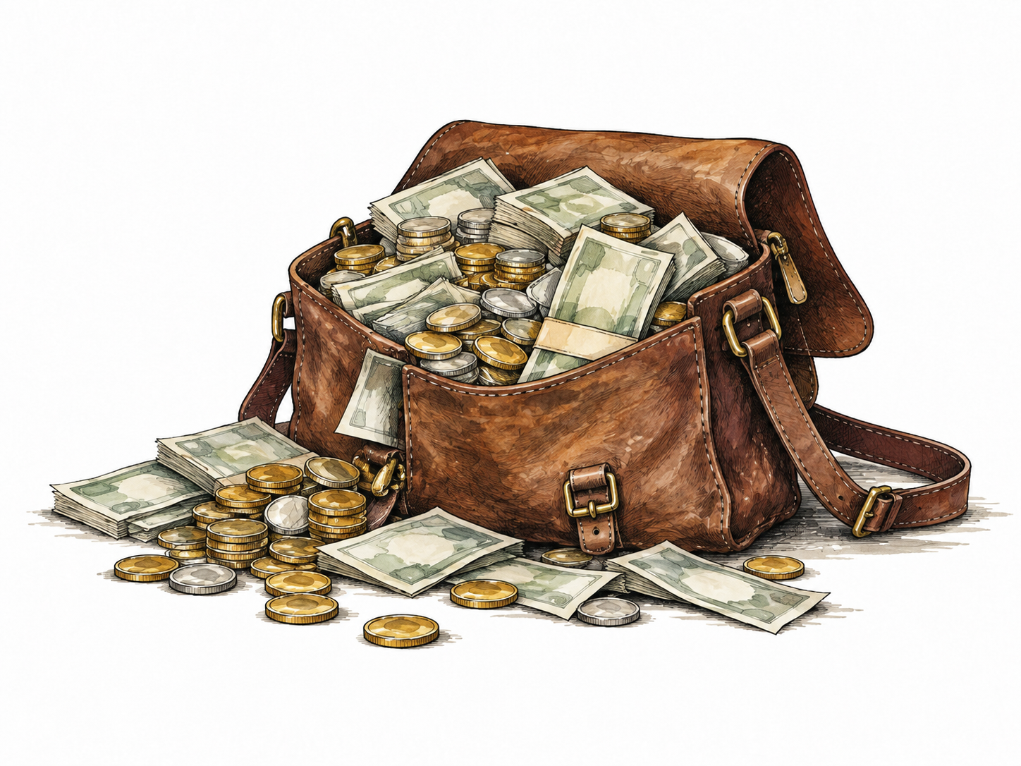 A large pile of coins and unmarked banknotes sits in an open satchel, no glorification or crime action.