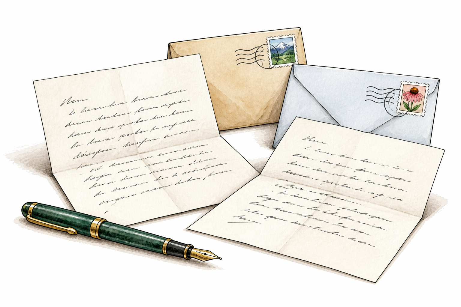 Two open letters beside stamped envelopes and pen show written exchange.
