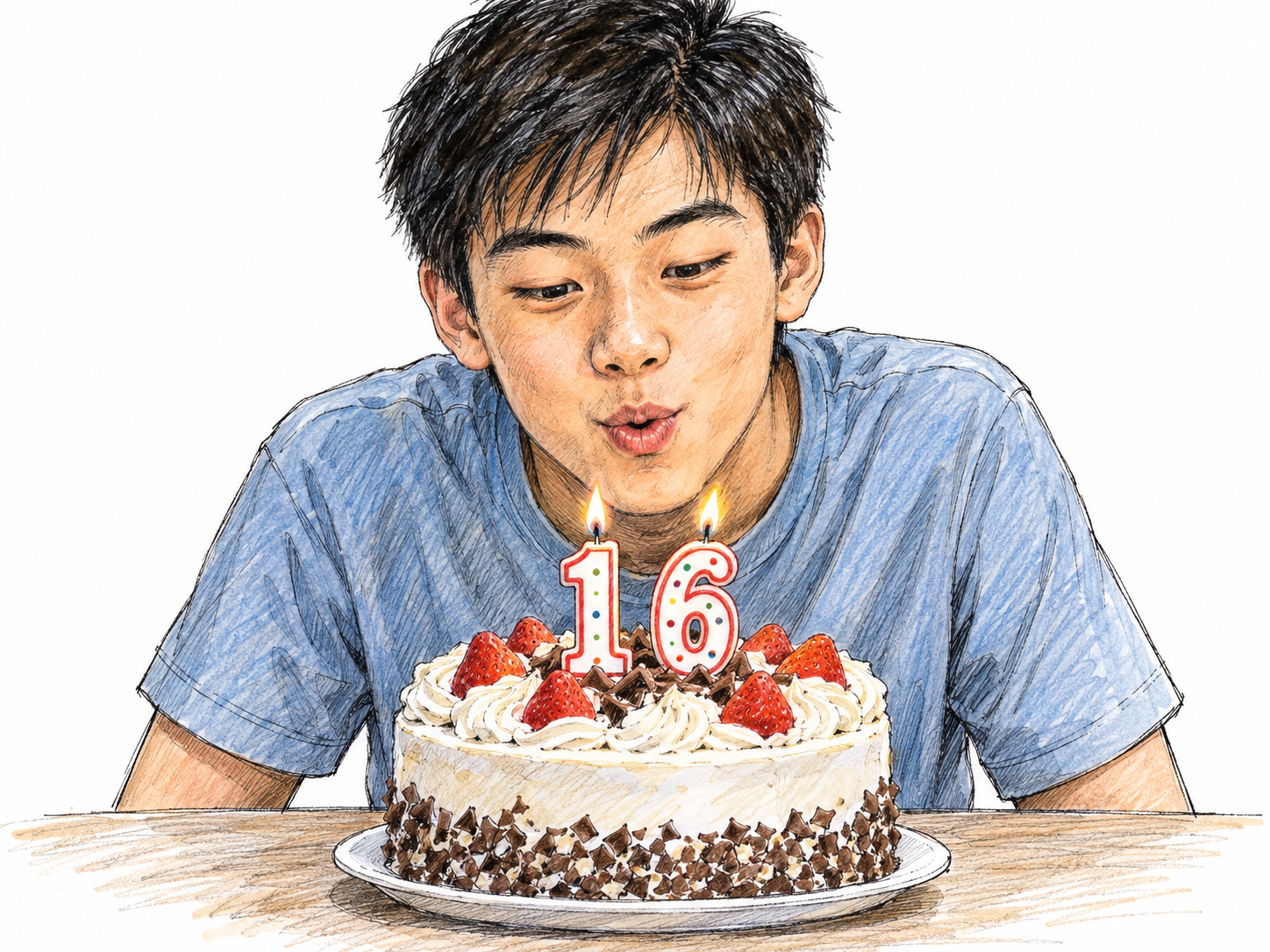 An adolescent boy celebrating his sixteenth birthday, with lit numeral candles forming 16 on a small cake.
