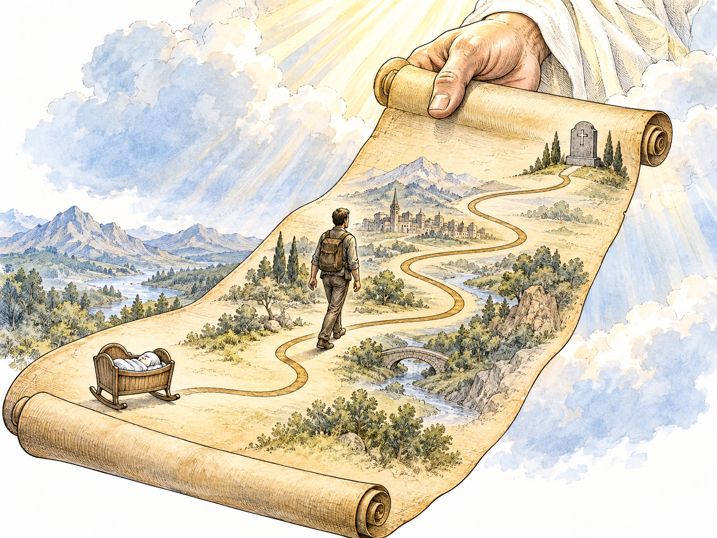 A divine hand holds a life path already drawn from birth to death.