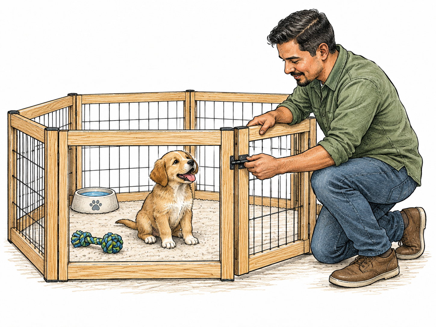 A small puppy remains safely within a spacious low playpen while an adult closes its gate; visibly bounded area, water bowl and toy.