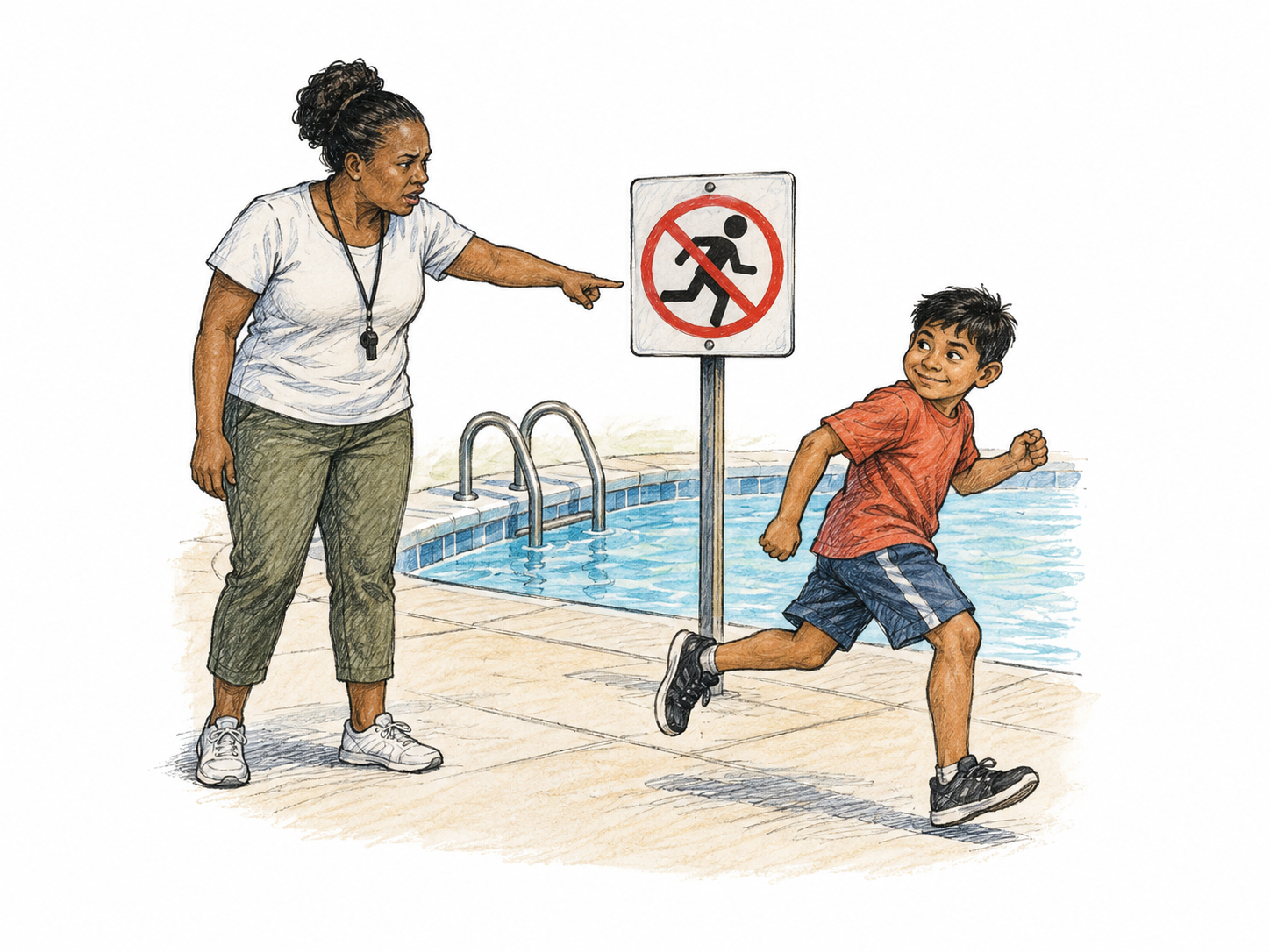 Child runs past a clear no-running pictogram at poolside while adult points to the rule, no fall/injury or splashes; refusal to follow instruction clear, sparse deck only.