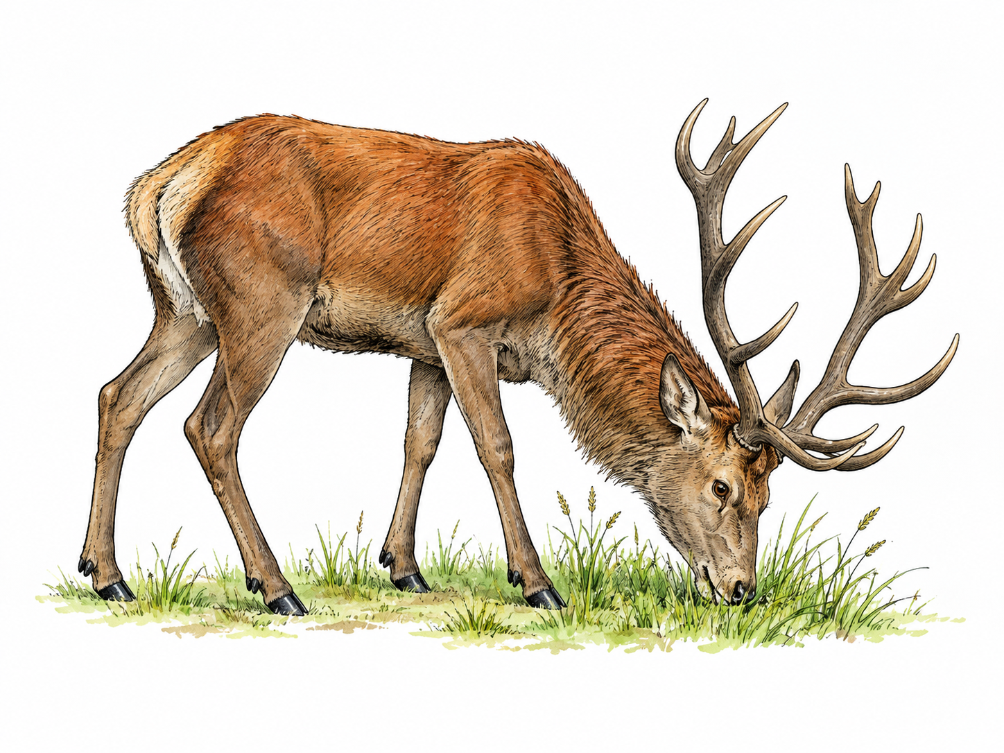 A red deer stag grazes in a small grass vignette, cloven hooves, realistic antlers and slim deer body clearly visible.