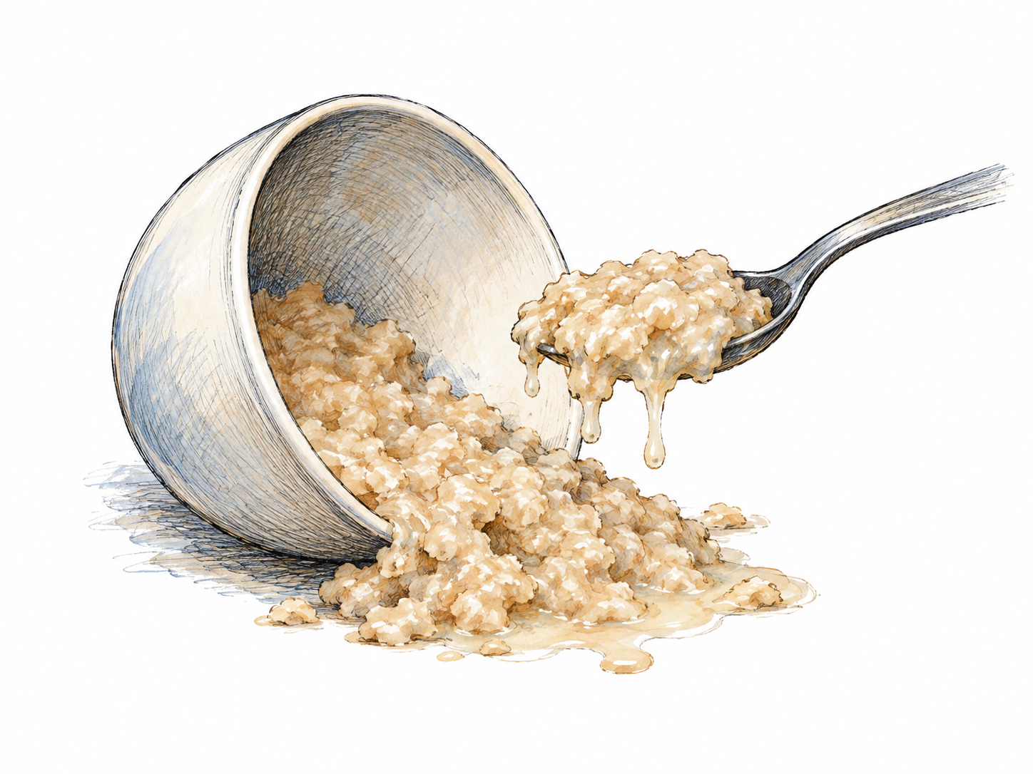 A spoon lifts a soft wet pulpy mass of soaked oats from a tipped plain bowl; slumping clumps and a little liquid show mush, no intact hard pieces.
