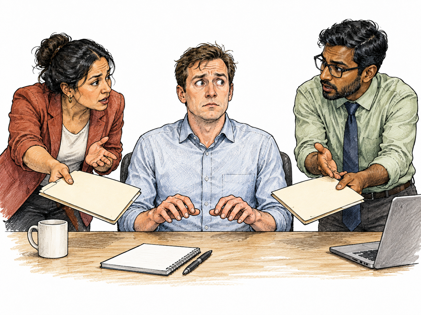 An adult freezes unable to act at two conflicting urgent demands, hands motionless over desk and face immobilized with indecision; two colleagues gesture toward separate blank folders.