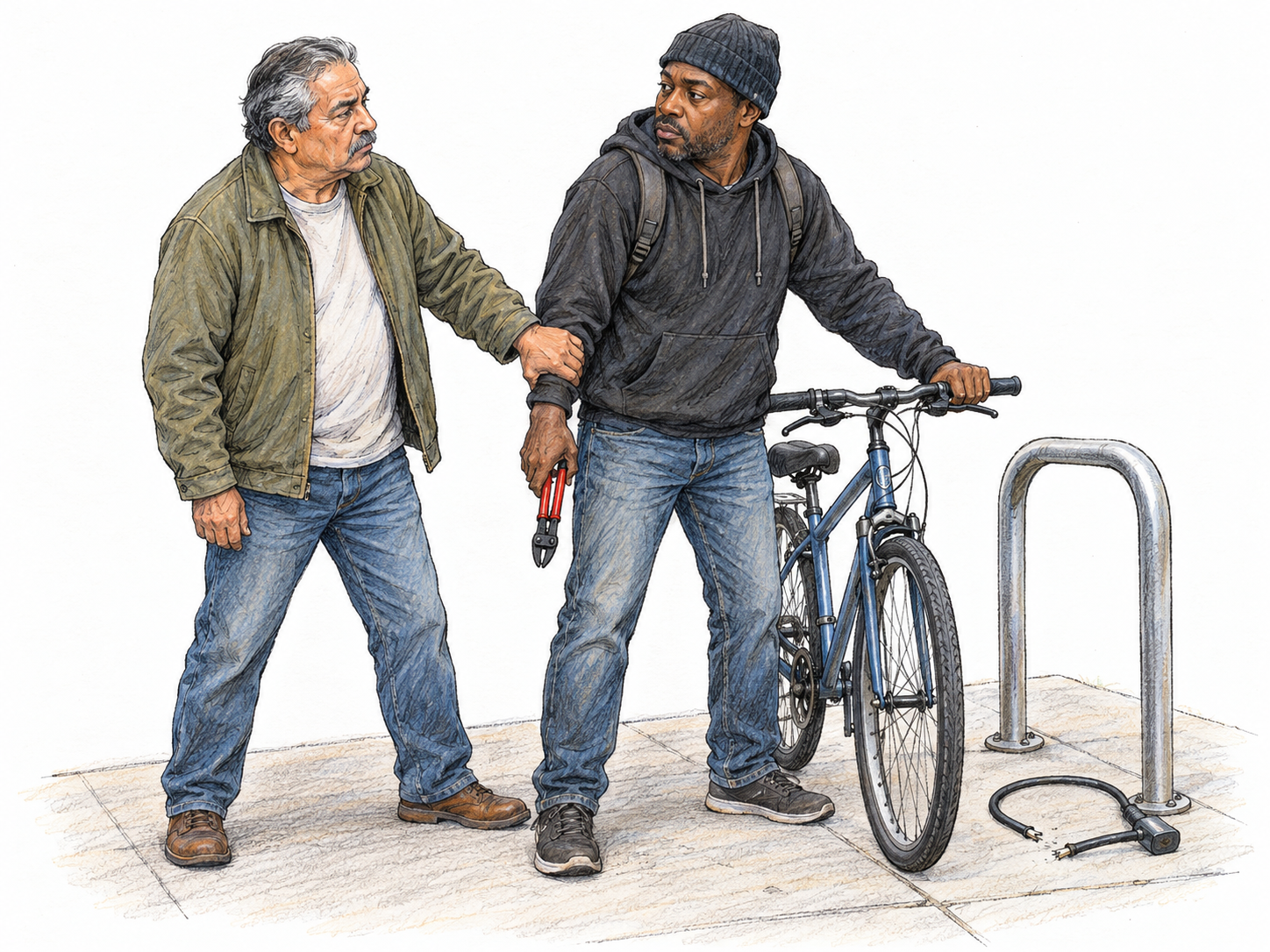 An ordinary civilian takes justice into his own hands: beside a cut bicycle lock, he physically blocks a suspected bicycle thief and grips the man's wrist rather than letting him leave.