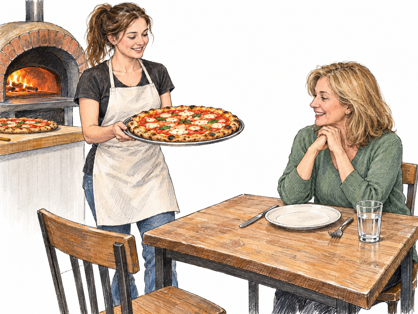 A compact pizza restaurant vignette: a server brings a freshly baked pizza to a seated diner, with a pizza oven and another finished pizza on the nearby service counter.
