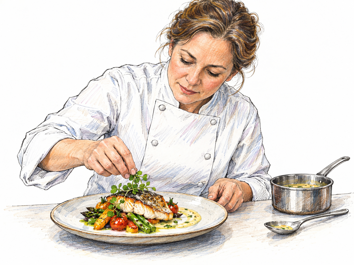 A chef carefully finishes an elegant plate of food with fresh herbs beside a small saucepan, showing the craft of fine cooking.