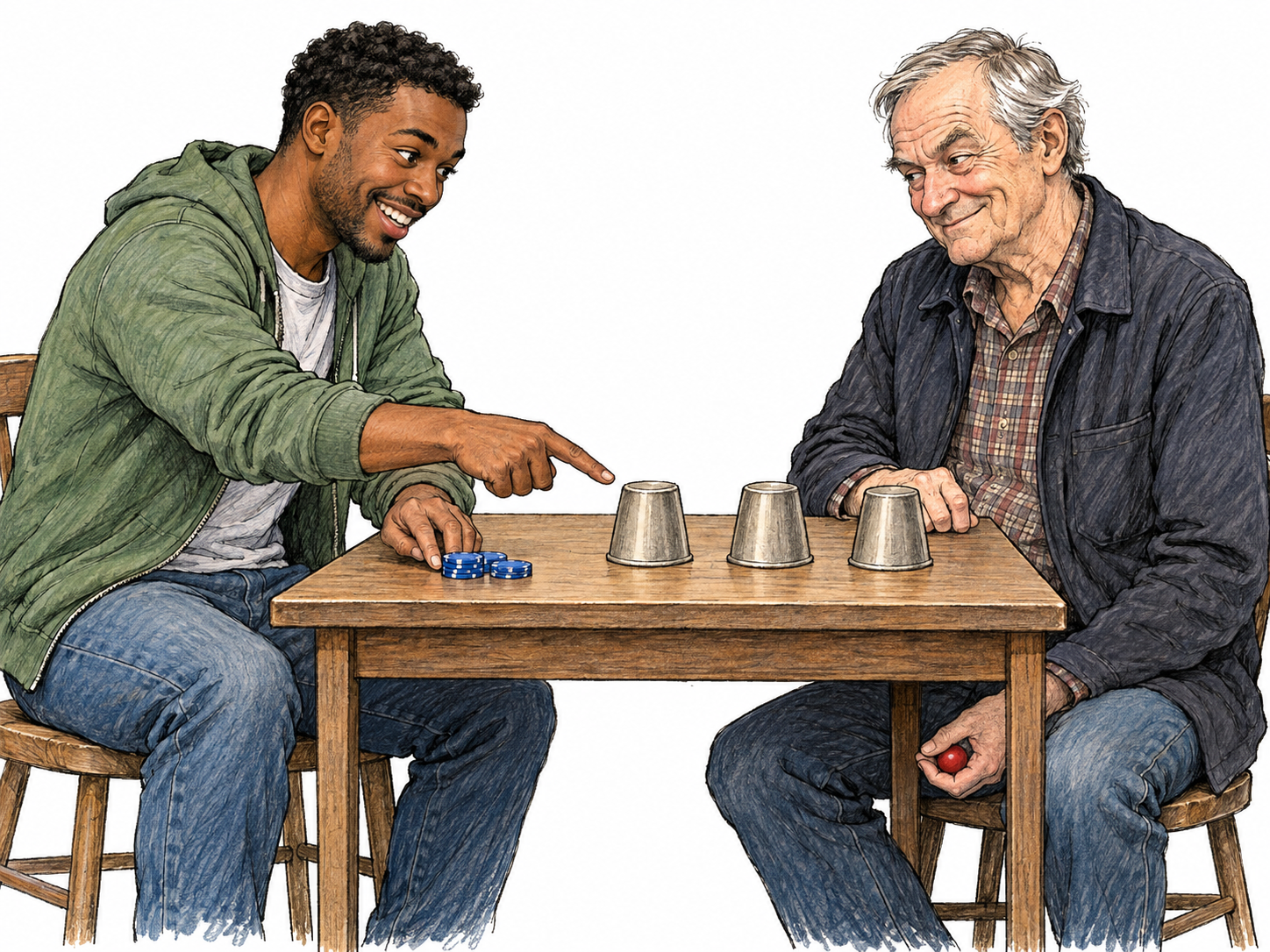 An eagerly trusting player bets on a rigged shell game while the operator secretly holds the ball off the table, making the player's gullibility visible.