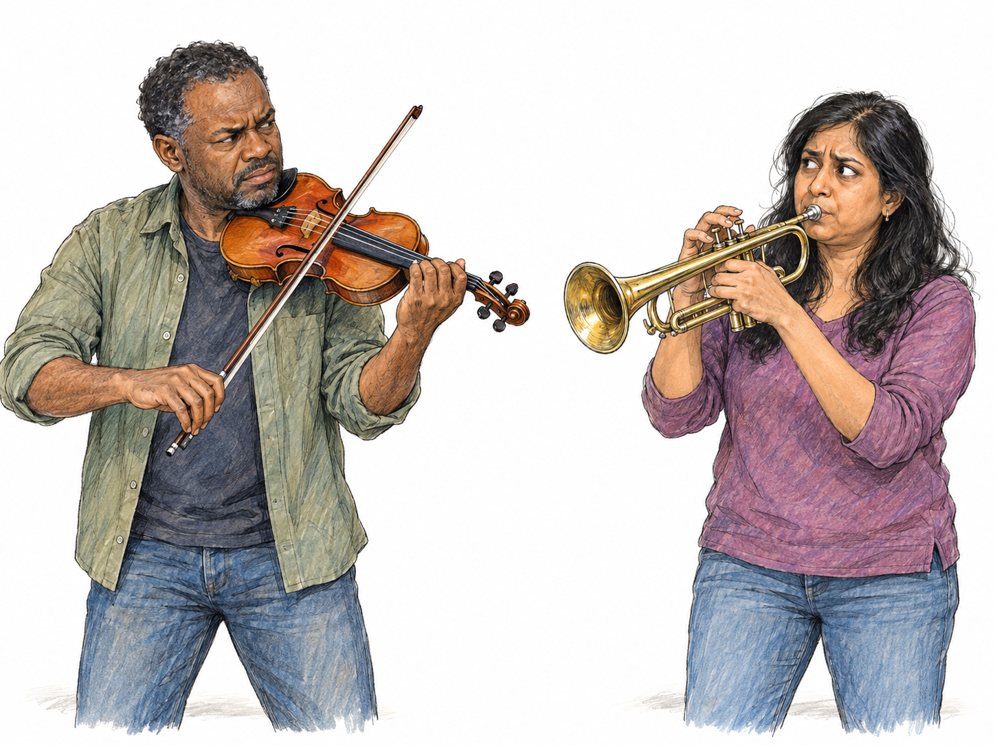 Two musicians playing together but visibly out of harmony: a violinist and a trumpeter turn toward each other with puzzled, strained expressions as their performance clashes.
